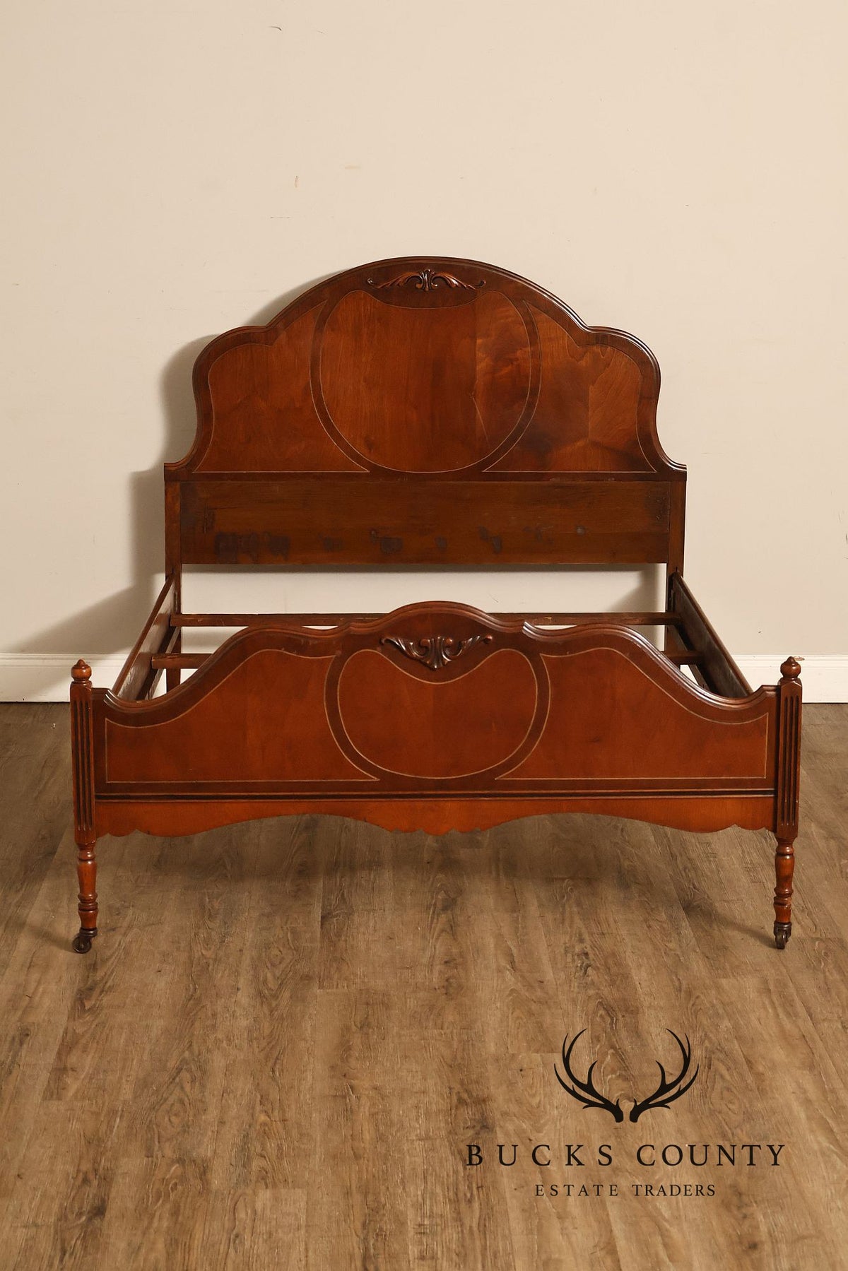 Antique Victorian Walnut Full Size Bedframe With Carved Floral Accents And Decorative Inlay