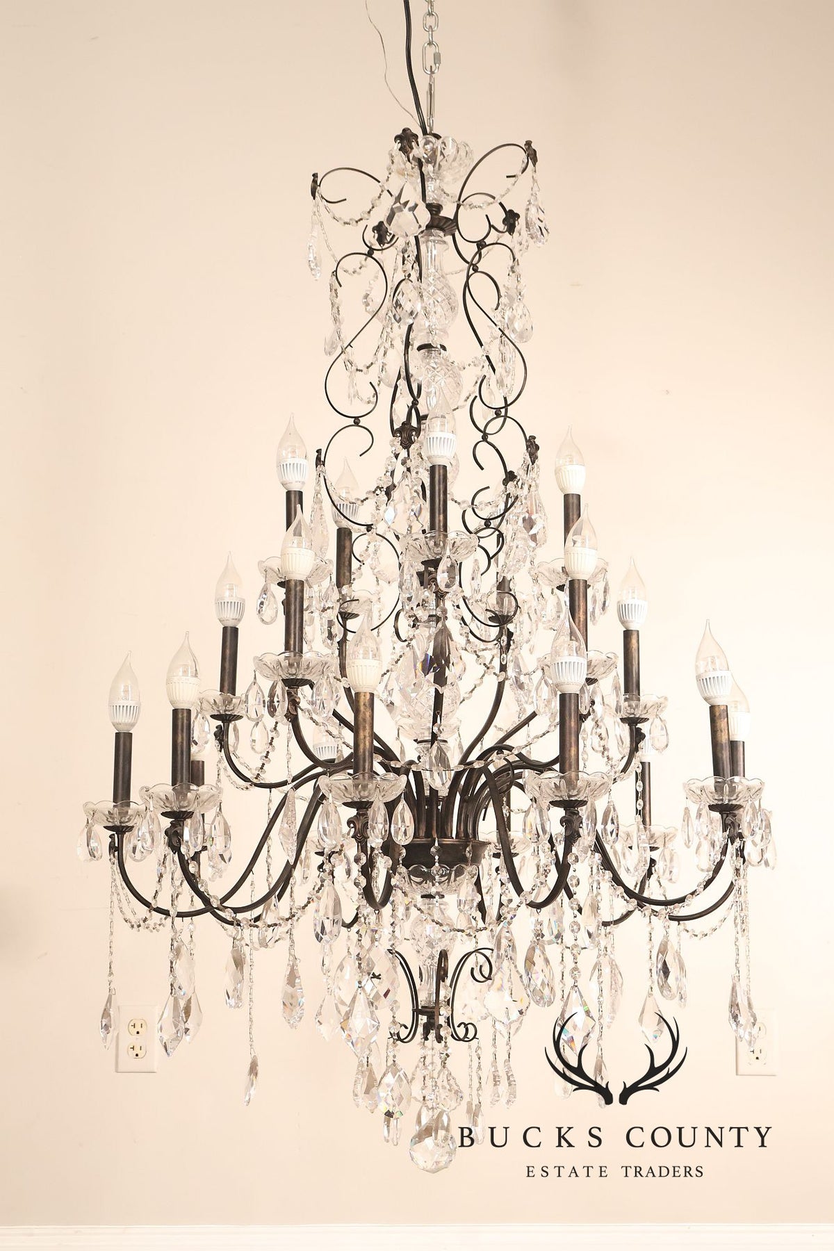 Large Twenty-Light Crystal And Wrought Iron 55" Chandelier