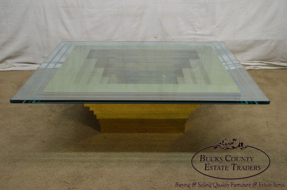 Mid-Century Modern Cityscape Stacking Brass Large Square Glass Top Coffee Table