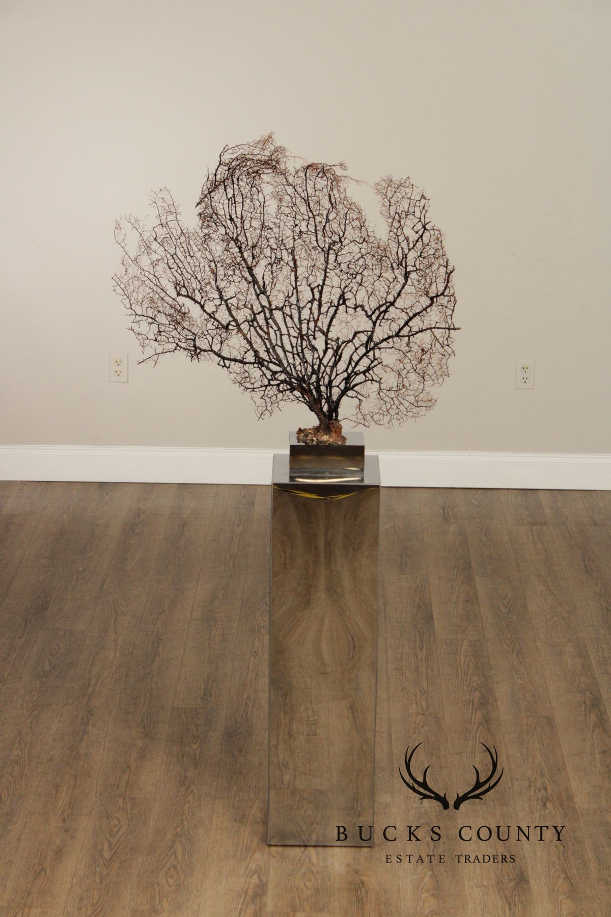 Modern Style Polished Stainless Steel Pedestal With Coral Fan Sculpture