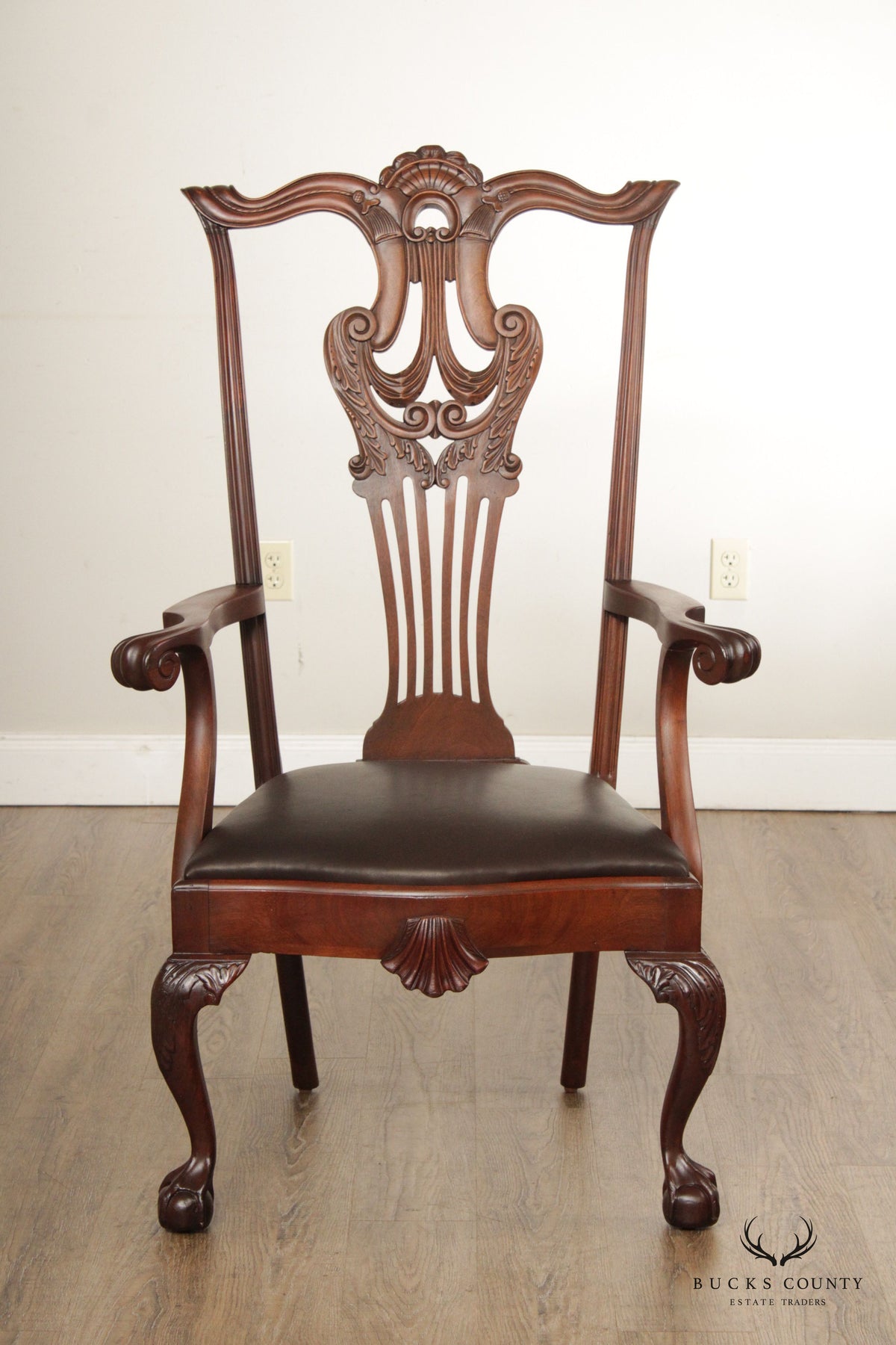 Custom Quality Vintage Chippendale Style Mahogany High-Back Armchair