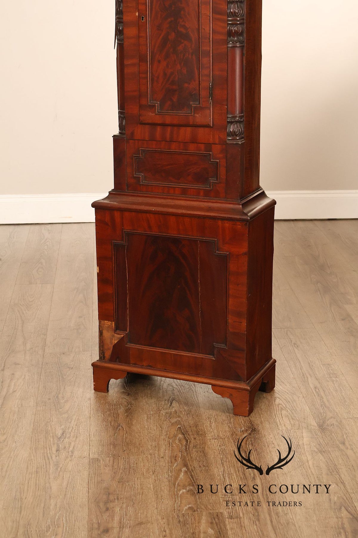 Antique Mahogany Tall Case Grandfather Clock With Painted Dial By Dundee