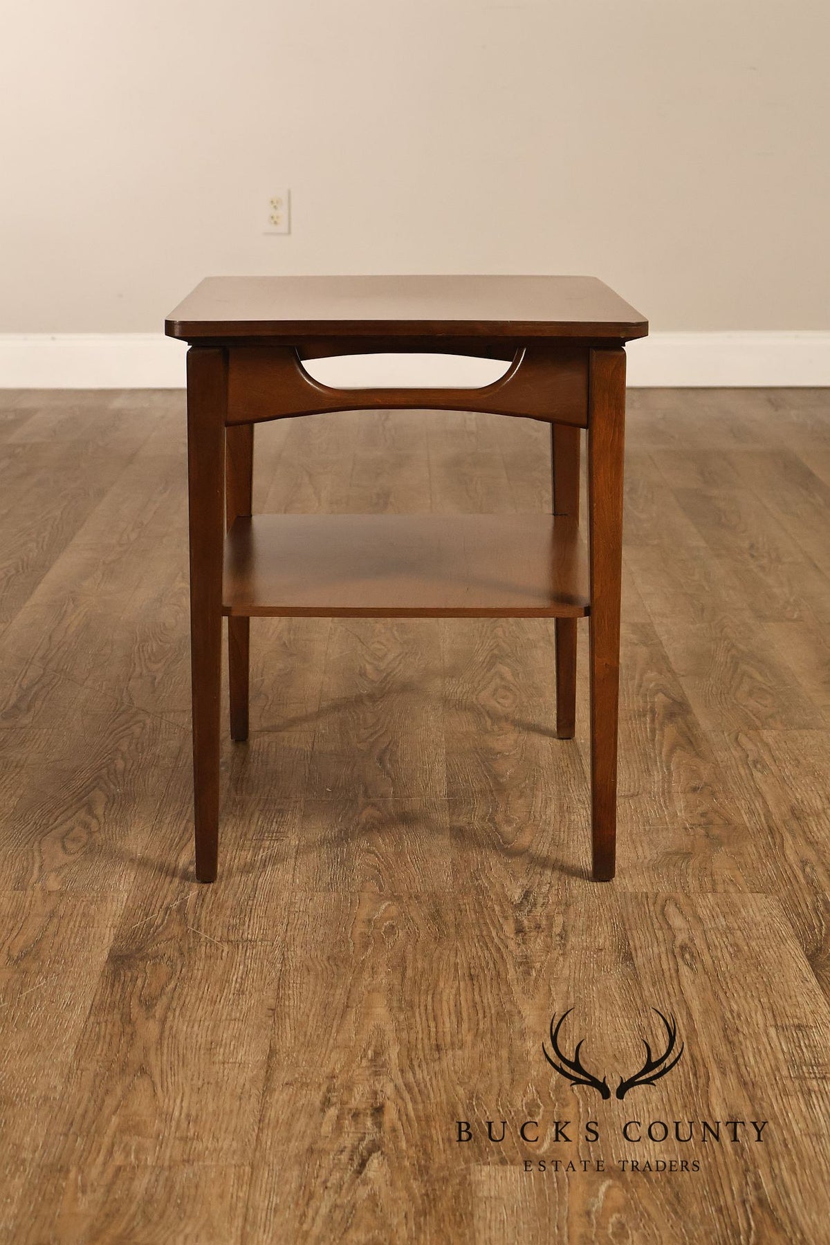 Mid-Century Modern Walnut Two-Tier End Table With Sculpted Apron Detail