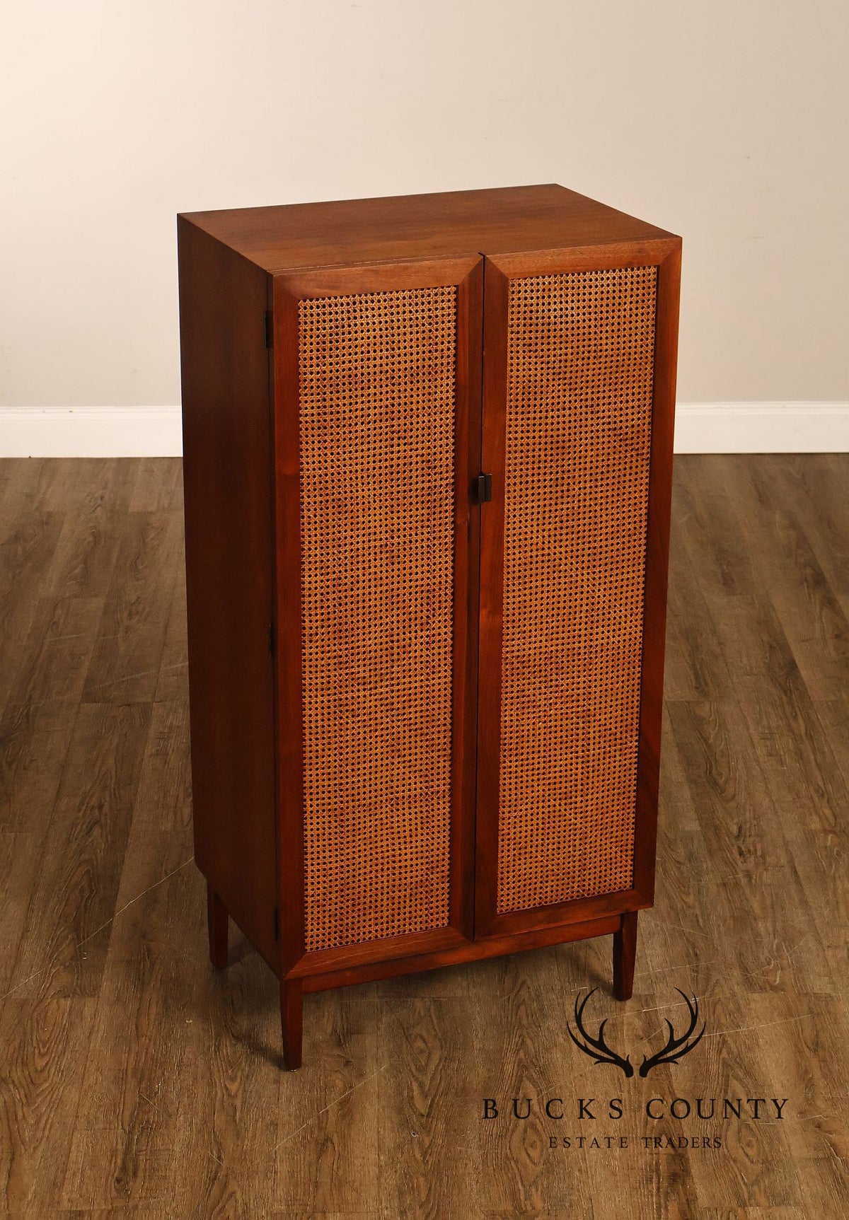 Mid-Century Modern Walnut Cane-Front Storage Cabinet
