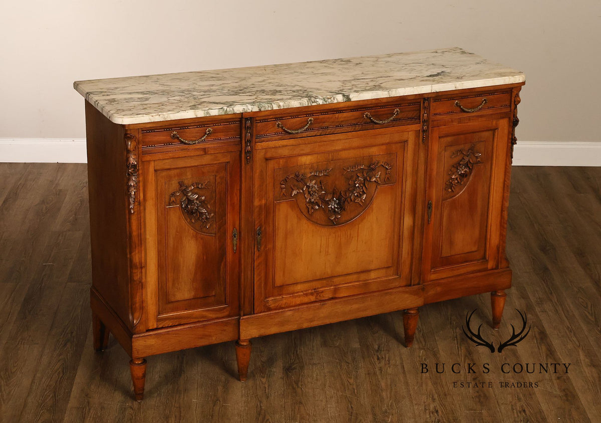 Antique French Louis XVI Style Carved Walnut Marble Top Buffet Sideboard