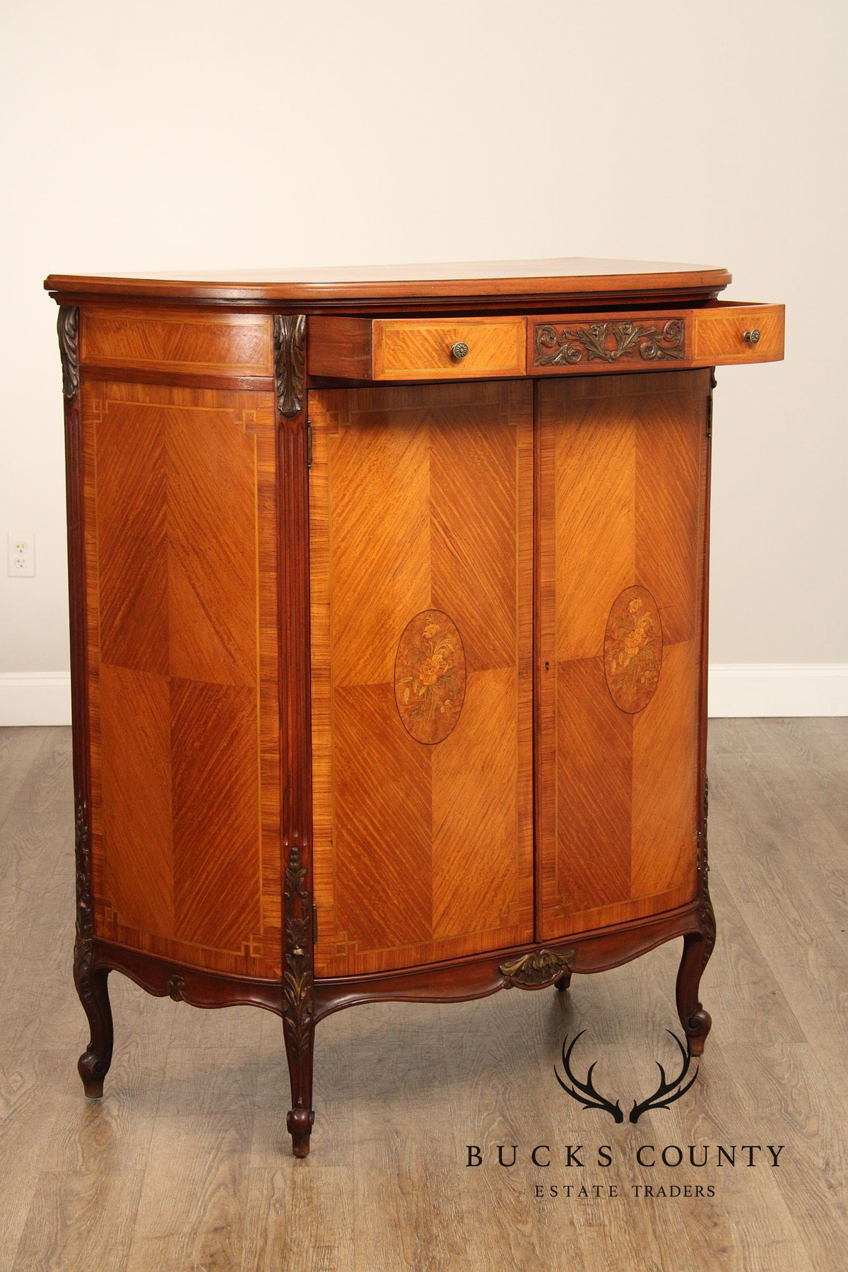 1930's French Louis XV Style Inlaid Satinwood Demilune Gentleman's High Chest