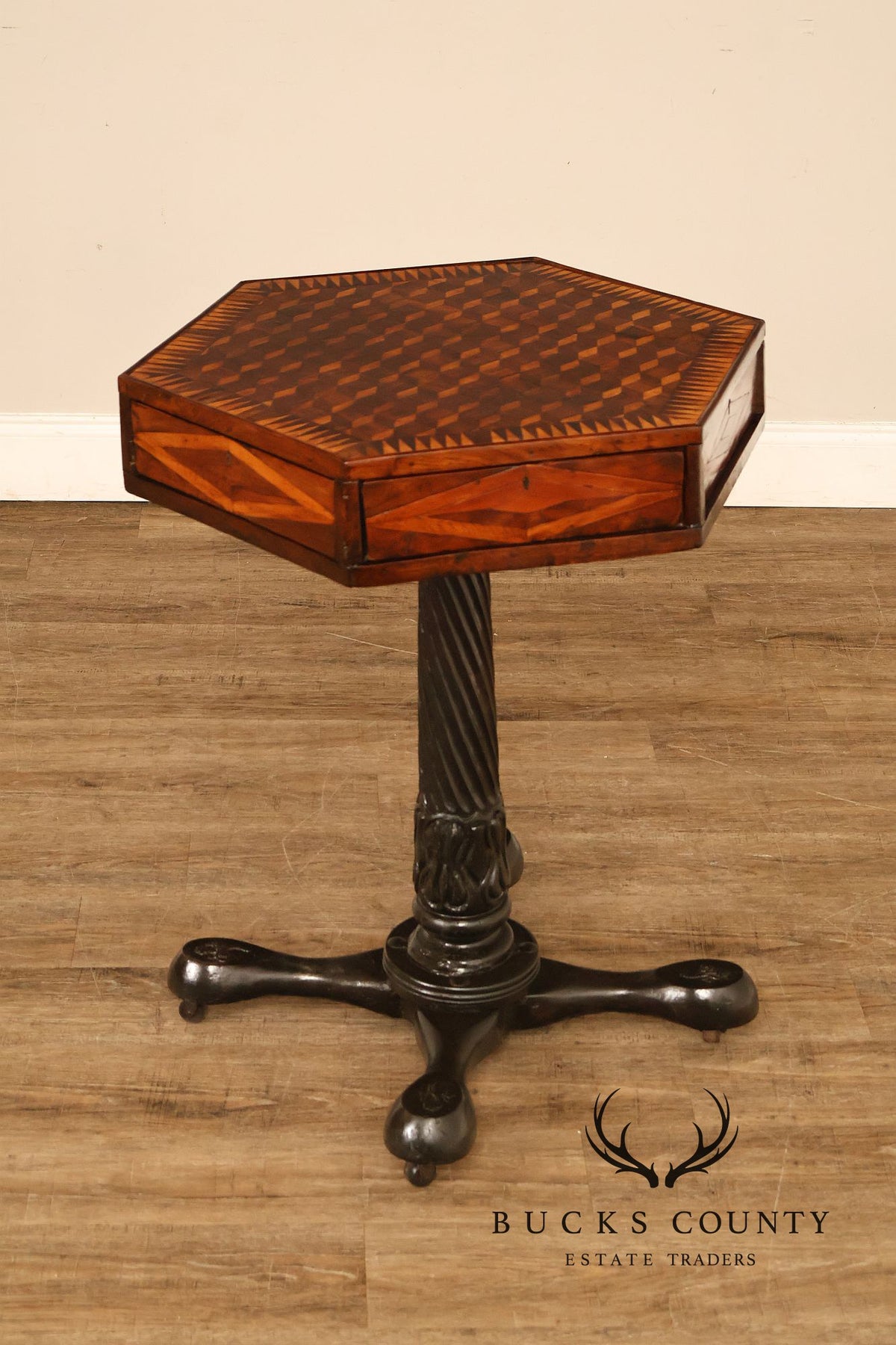 Antique British Colonial Game Table Geometric Wood Inlay
