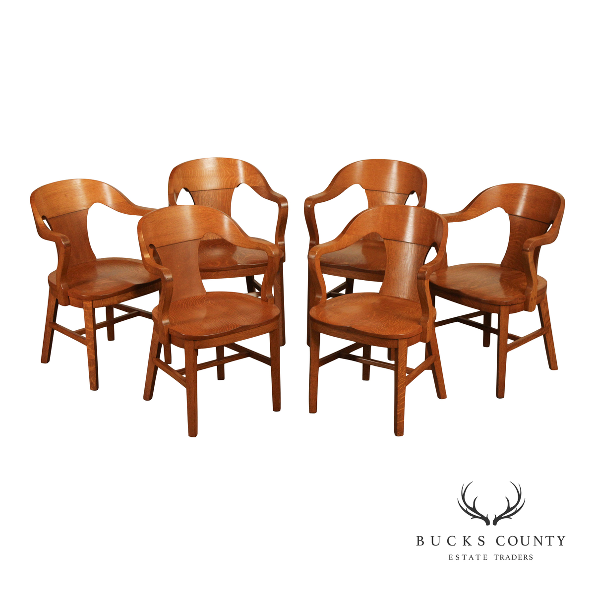 Marble & Shattuck Vintage Set of Six Solid Oak Bankers Armchairs