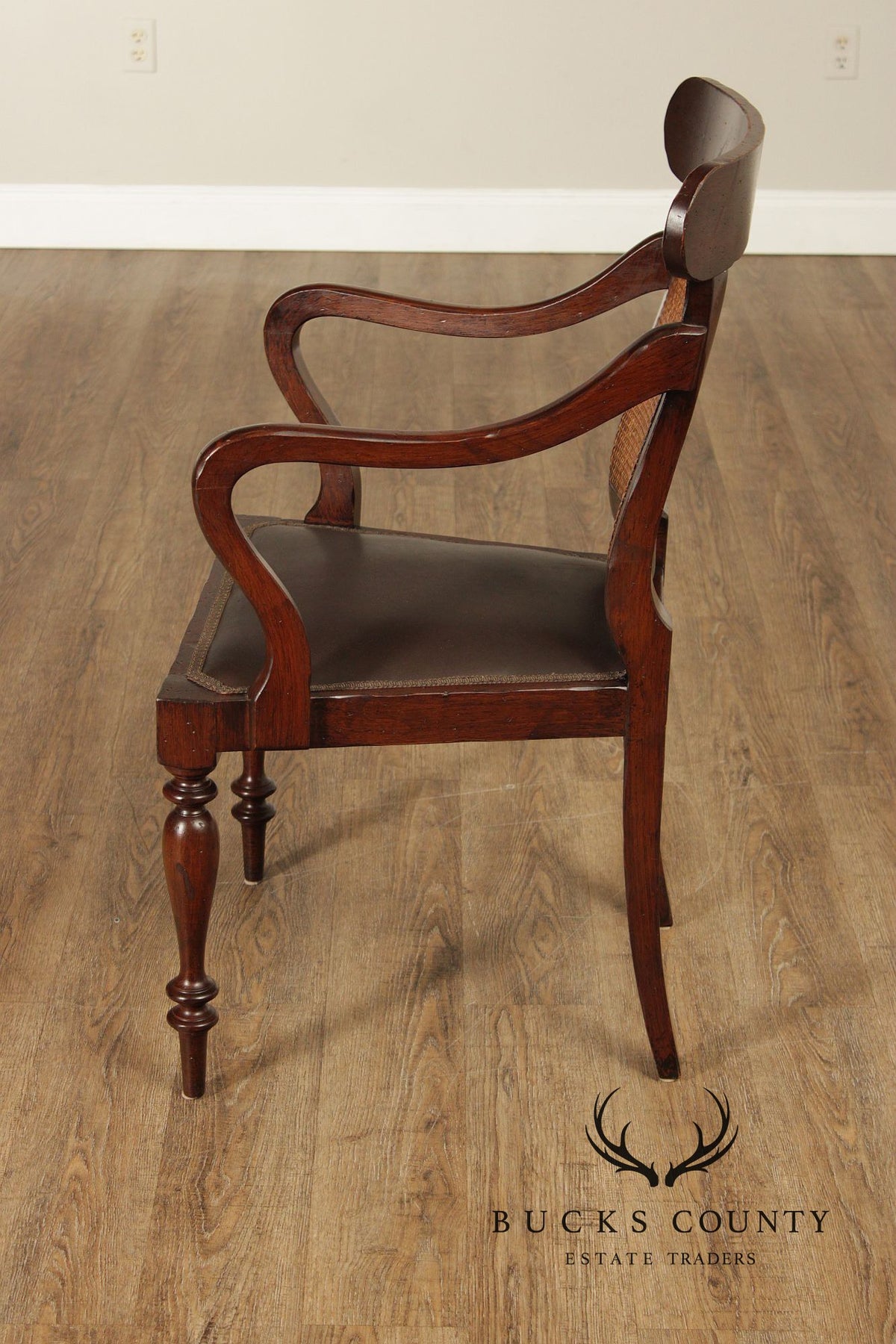 Vintage Anglo-Indian Style Pair of Caned Back Leather Seat Armchairs