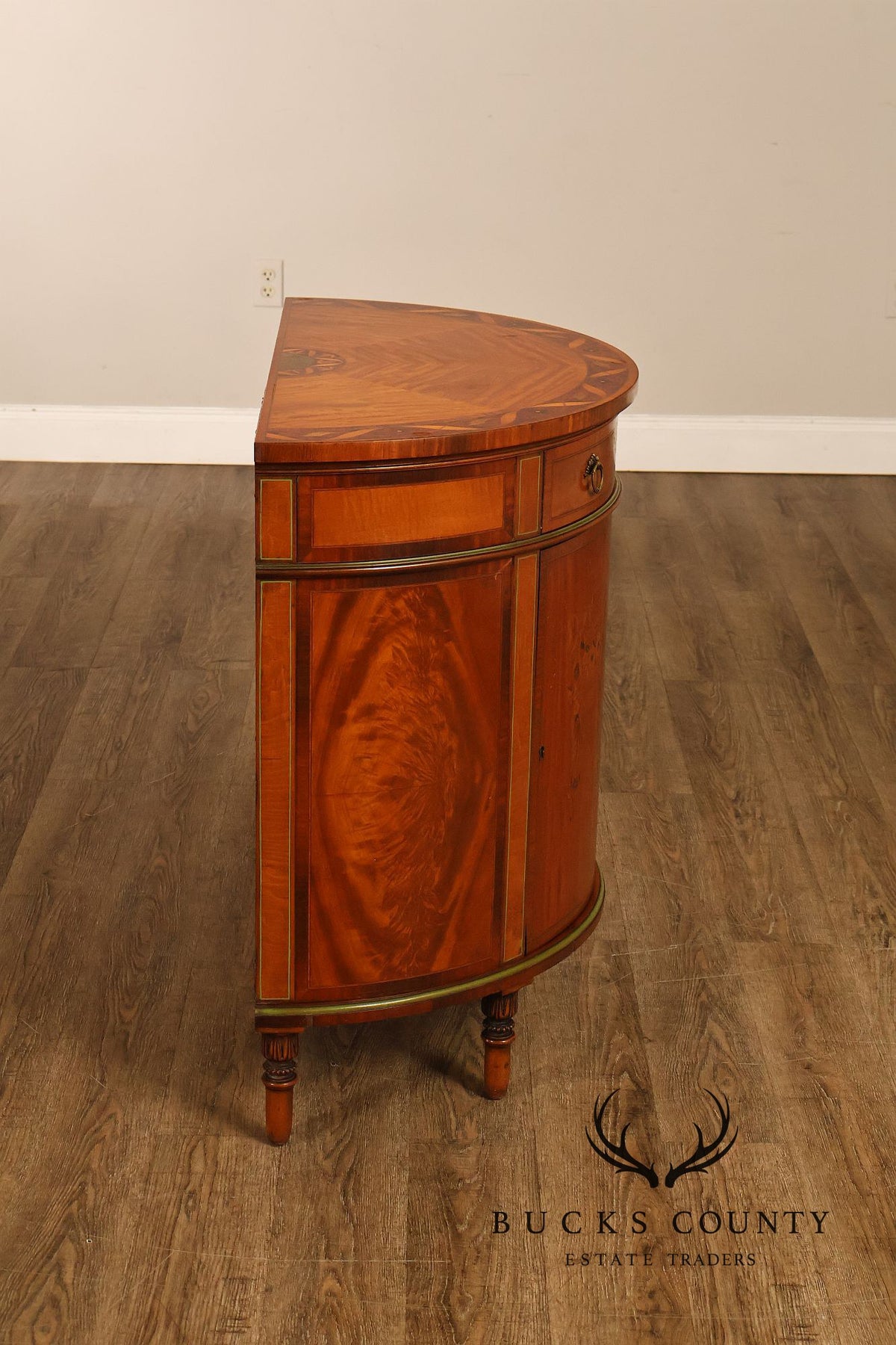 Neoclassical Style Inlaid Demilune Cabinet With Interior Drawers