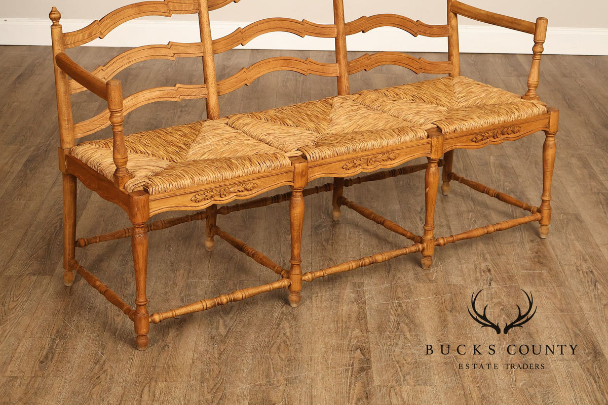 French Provincial Style Carved Wood Rush Seat Settee