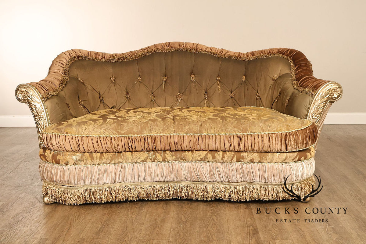 Tufted Rococo Camelback Sofa With Carved Gilt Trim