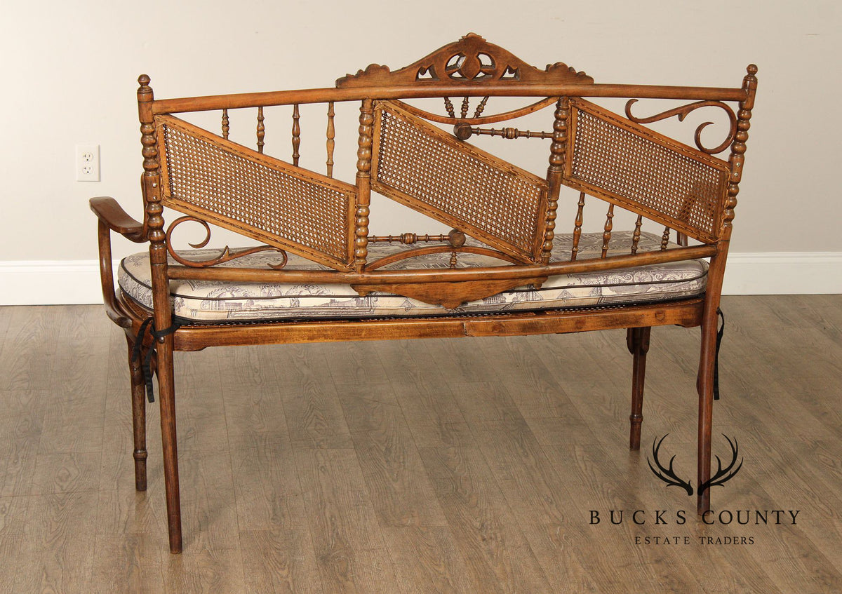 Vintage Thonet Style Bentwood And Caned Settee With Upholstered Cushion