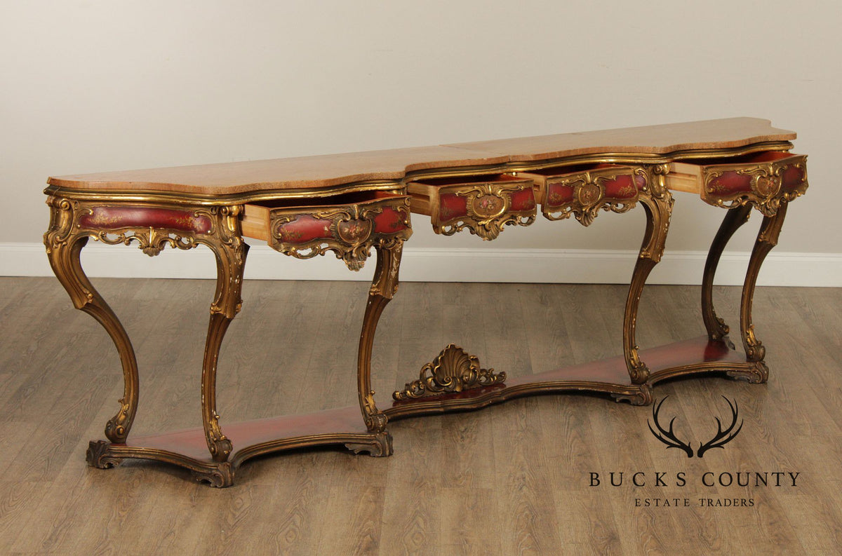 Italian Rococo Style Long Marble Top Console Table