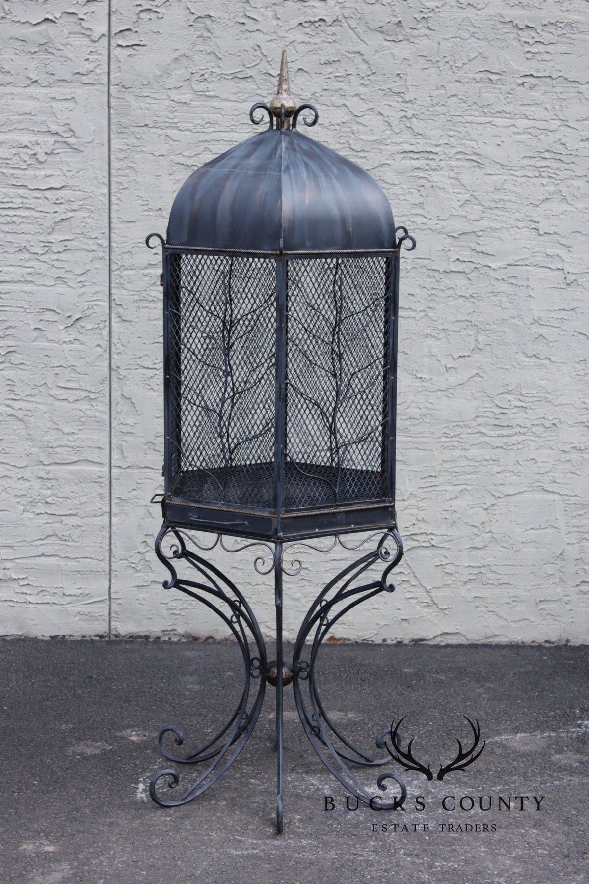 Vintage Wrought Iron Garden Bird Cage On Stand