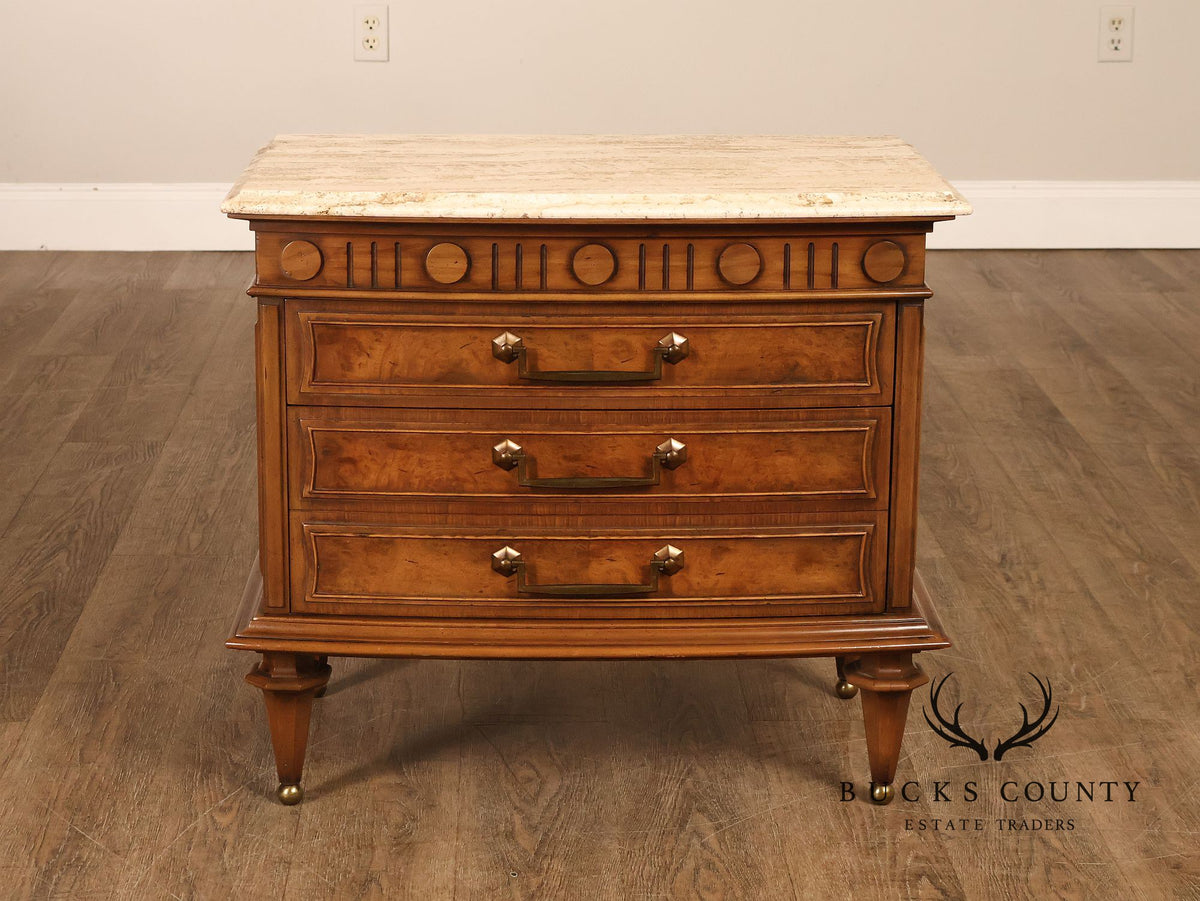Pair Of Neoclassical Style Travertine Top Three Drawer Nightstands