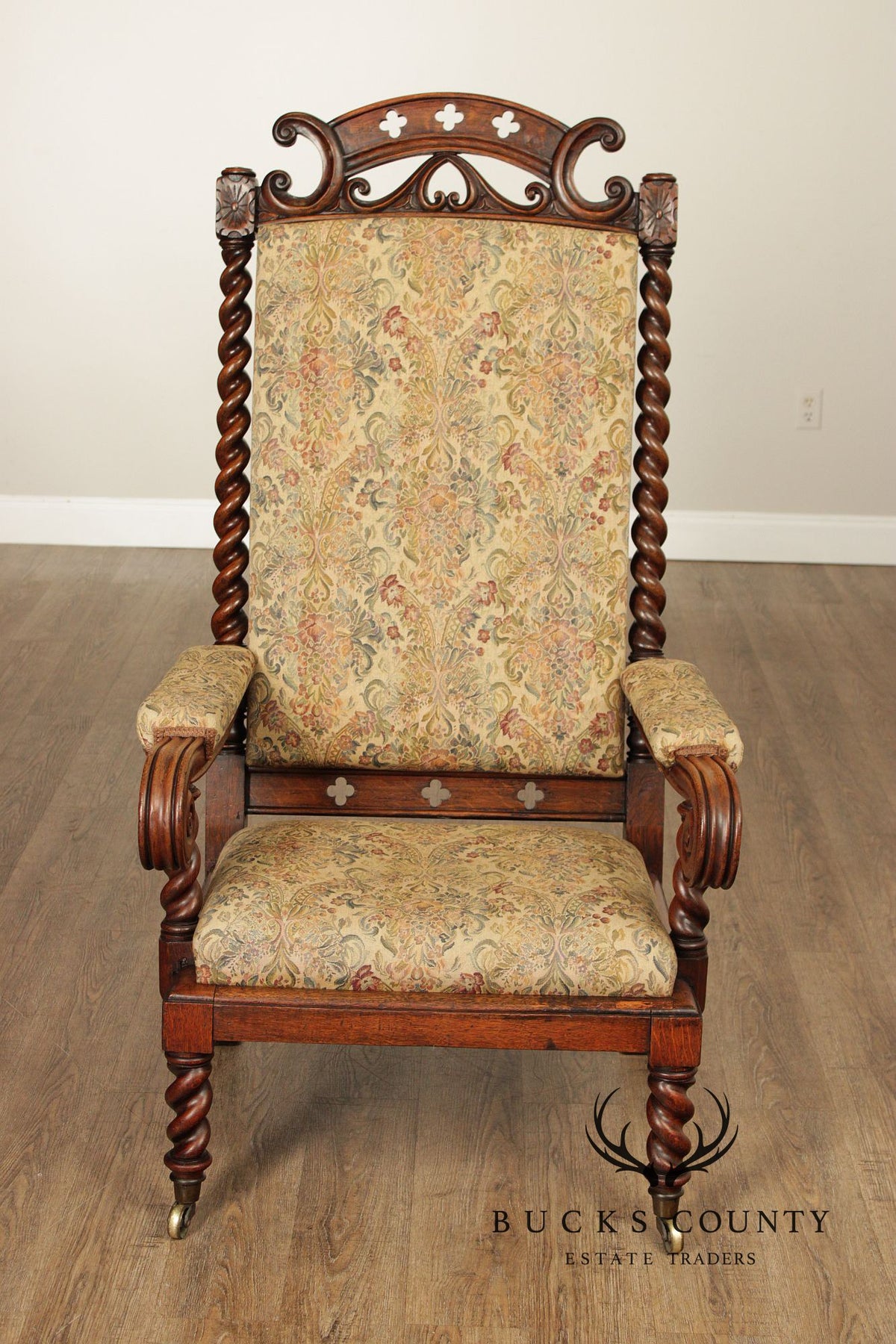 Antique Gothic Revival Barley Twist Carved Oak Throne Chair