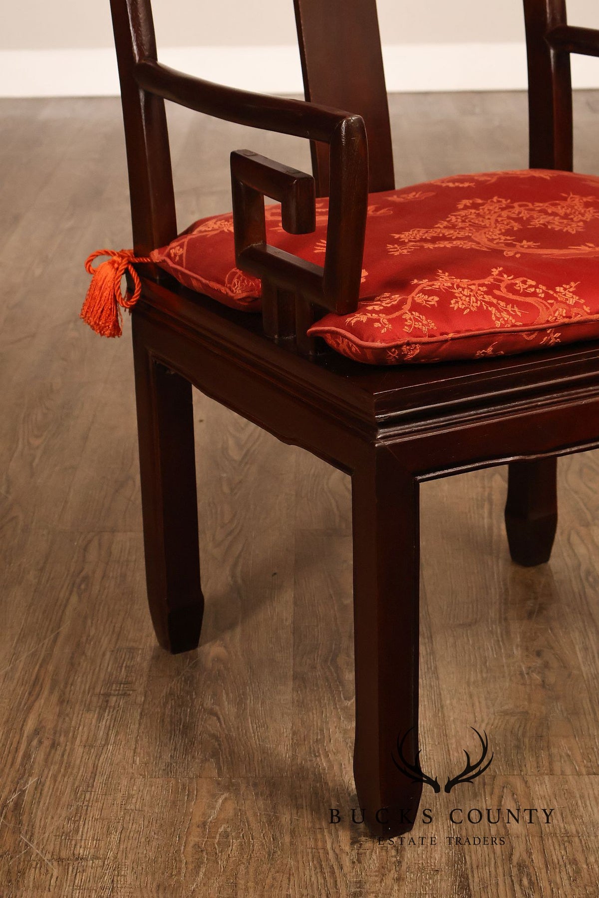 Asian Style Set Of Ten Rosewood Dining Chairs With Red Silk Cushions