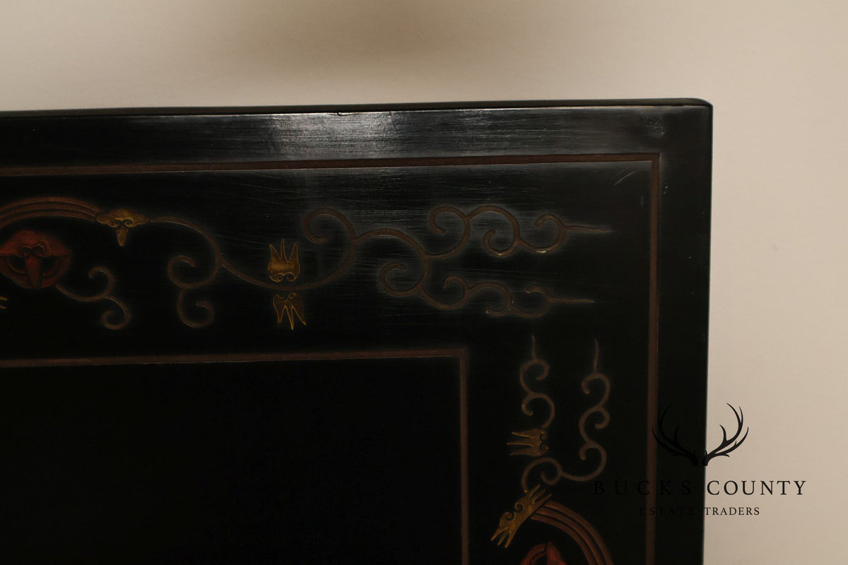 Asian Style Black Vintage Lacquer Six Panel Folding Screen