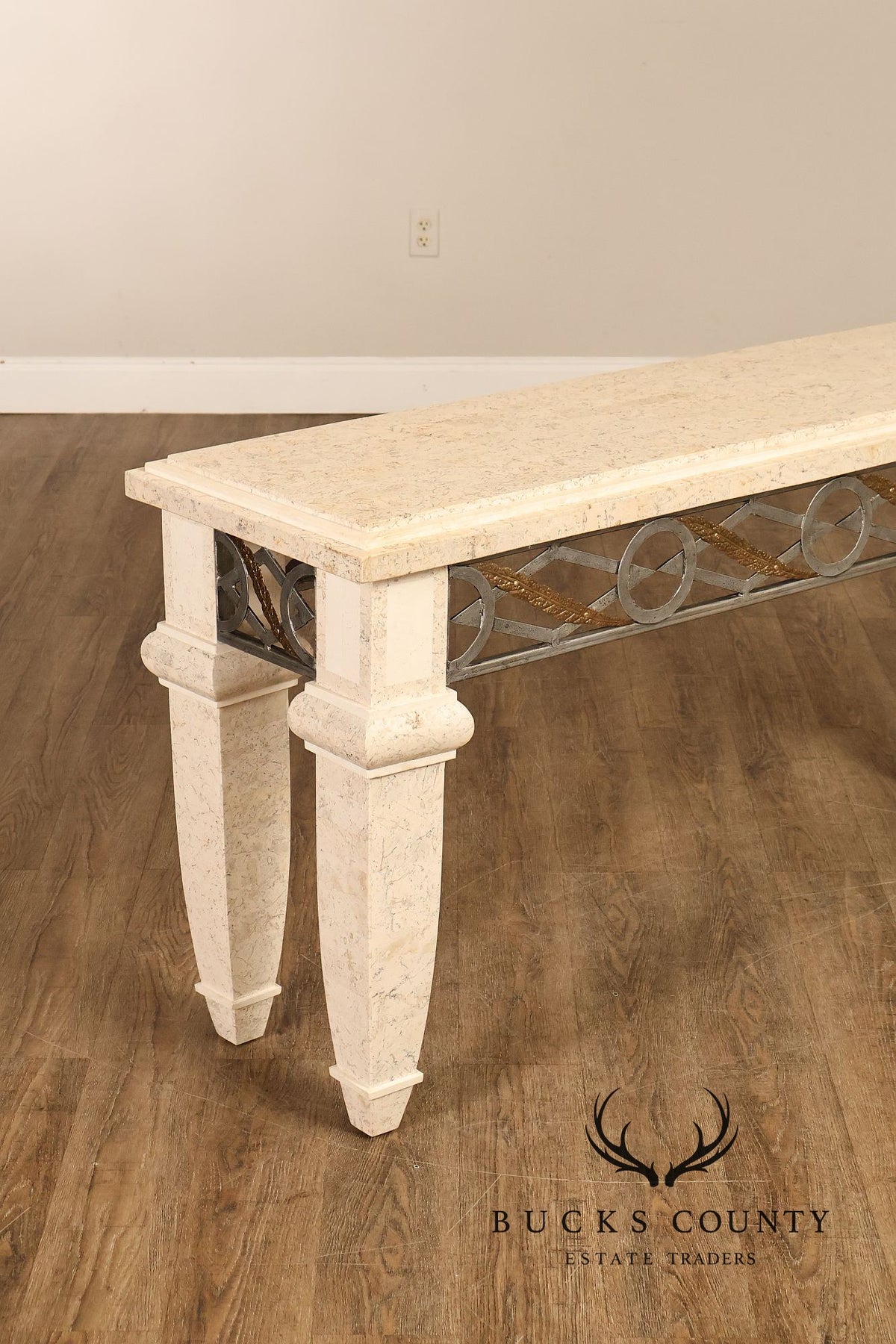 Neoclassical Style Travertine Console Table With Metal Stretcher