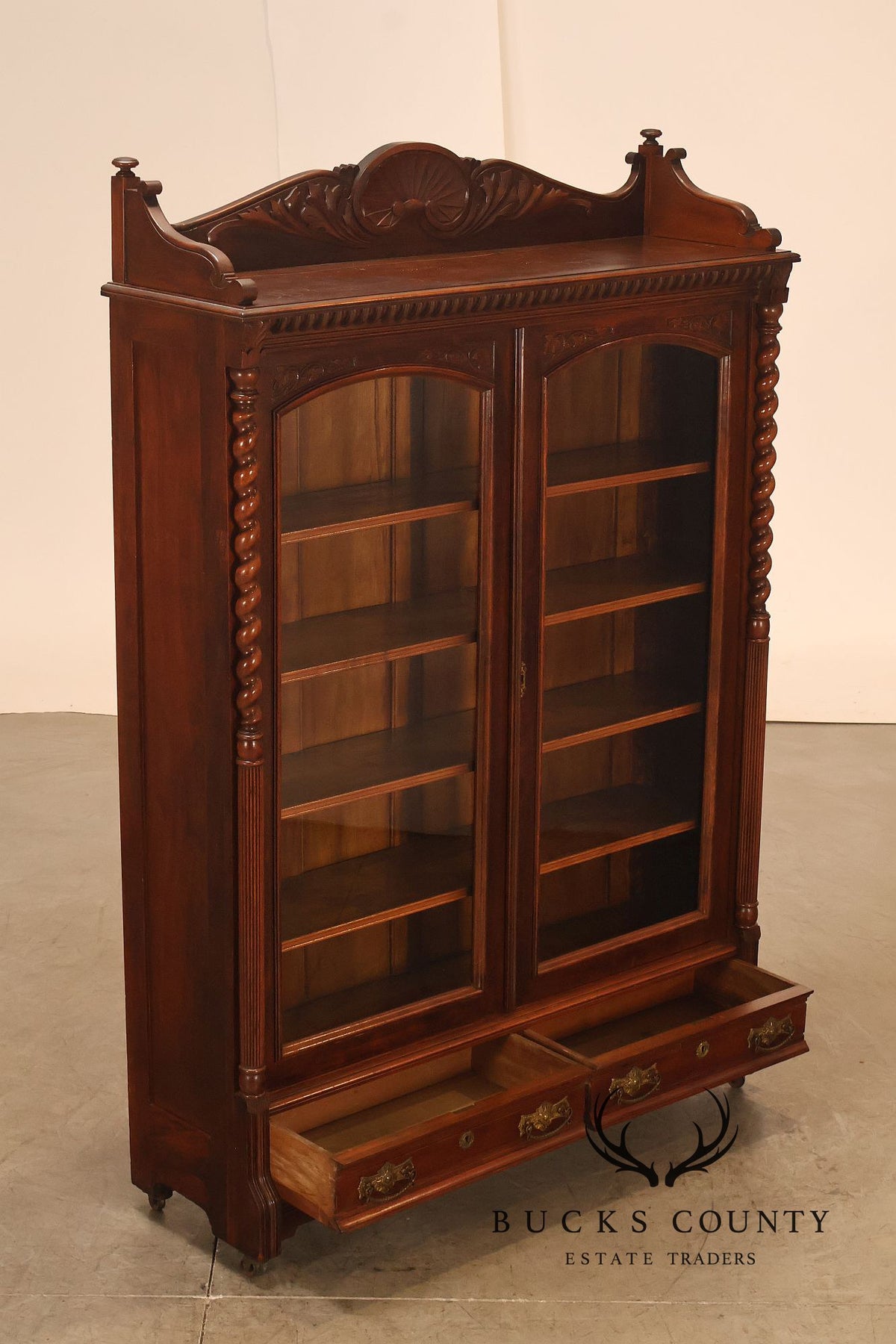 Antique Victorian Carved Walnut and Glass Bookcase