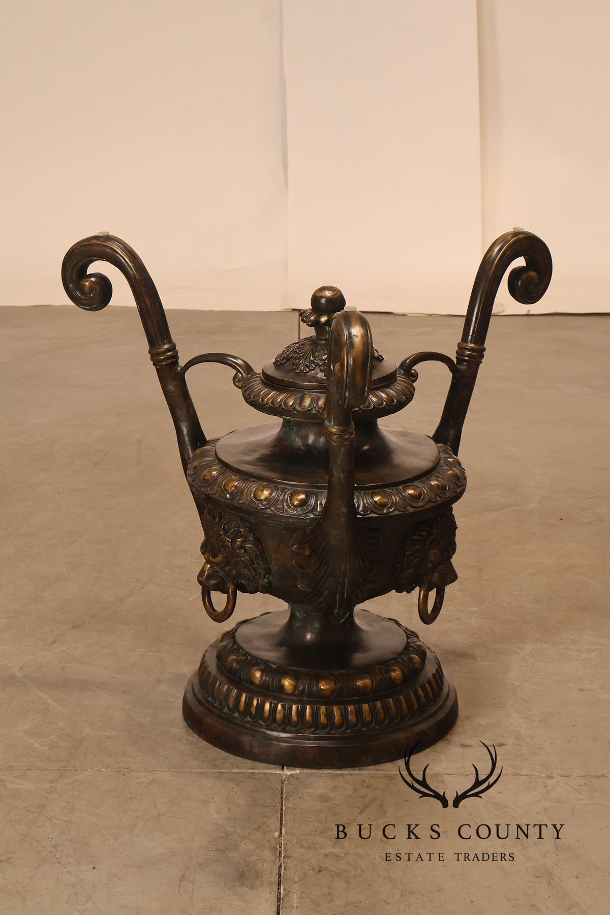 Monumental Brass Urn Form  Double Pedestal Glass Top Dining Table