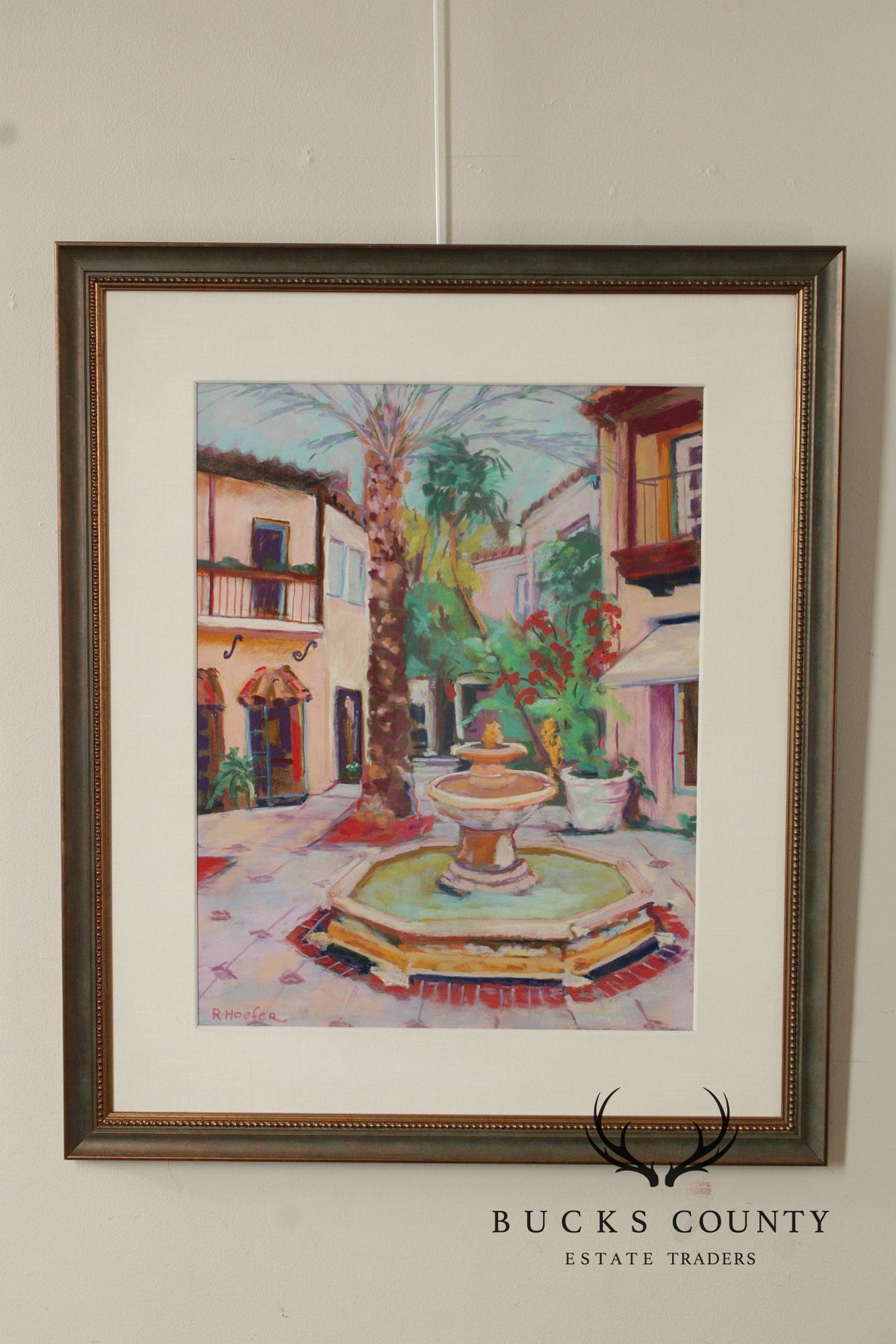 R. Hoefer Oil Pastel Painting, Spanish Courtyard