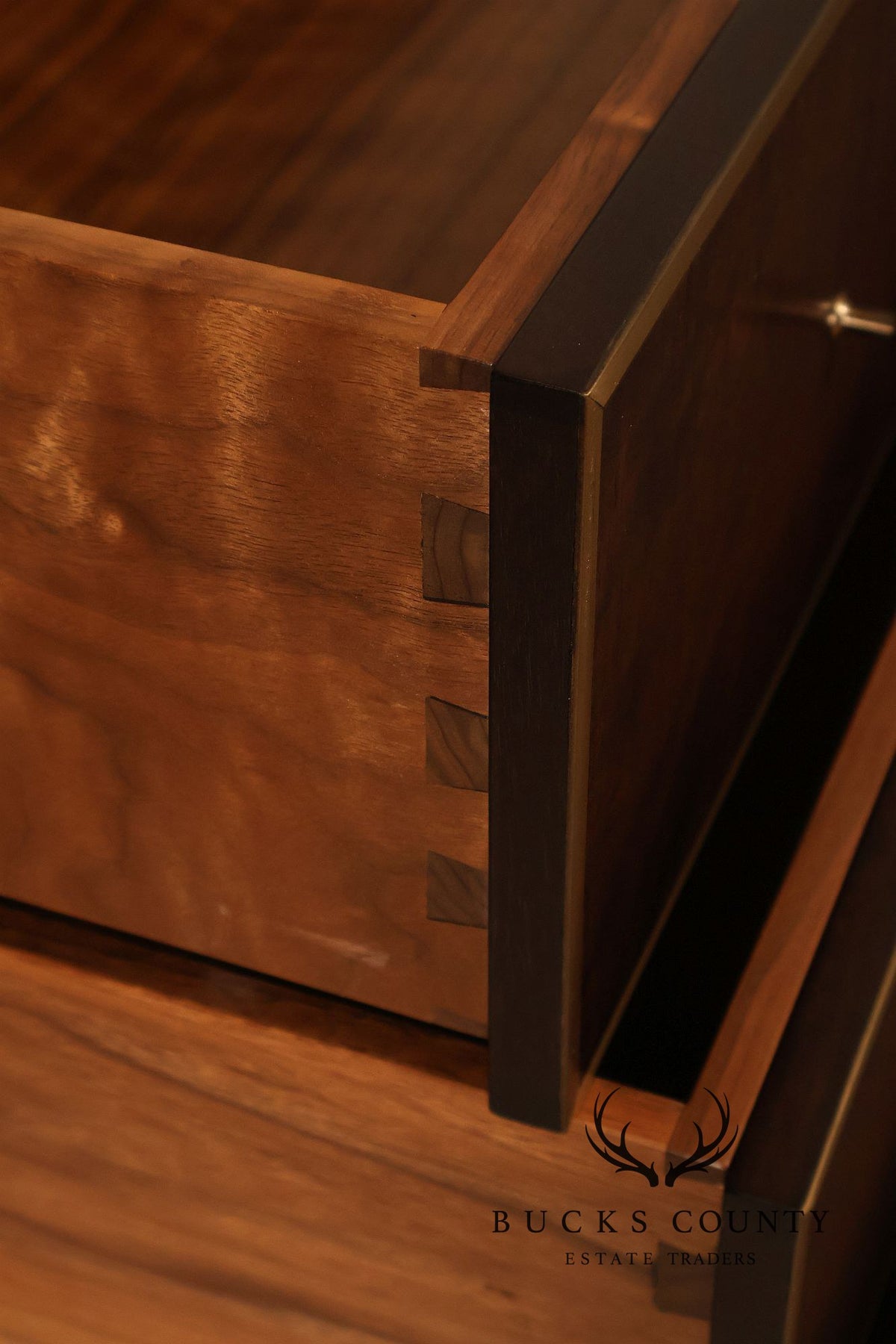Newell Design Studio Ebonized Walnut Finish Double Dresser With Brass Trim And Six Drawers