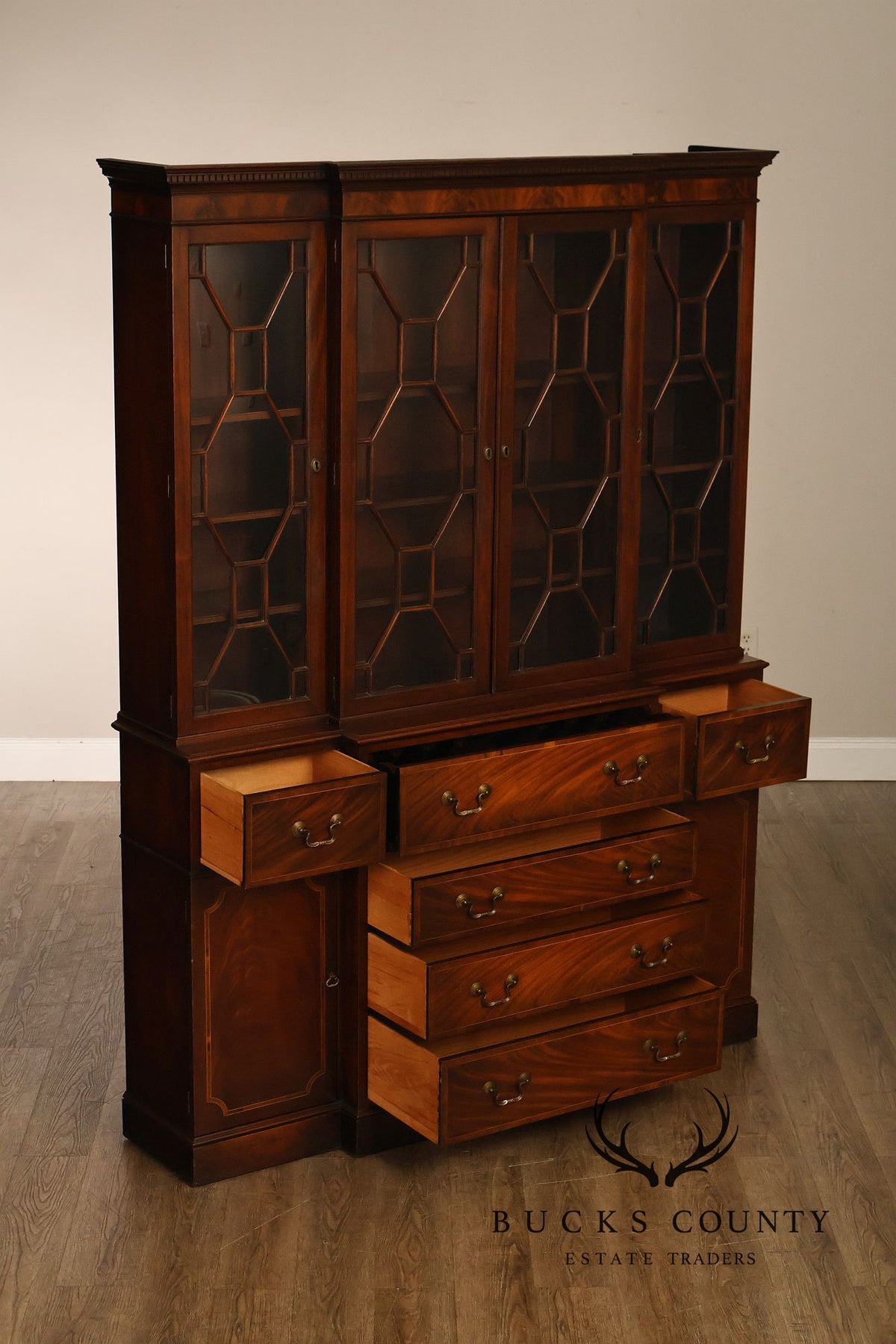 Georgian Style Mahogany Breakfront China Cabinet With Secretary Desk