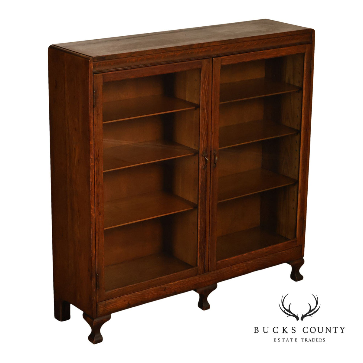 Antique Oak Two Door Glass Front Bookcase