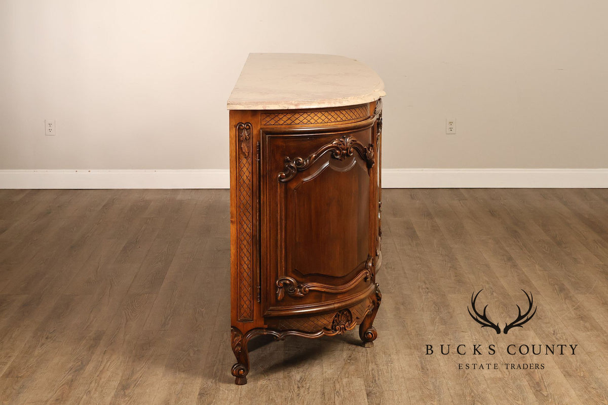 French Louis XV Style 106" Long Marble Top Walnut Sideboard