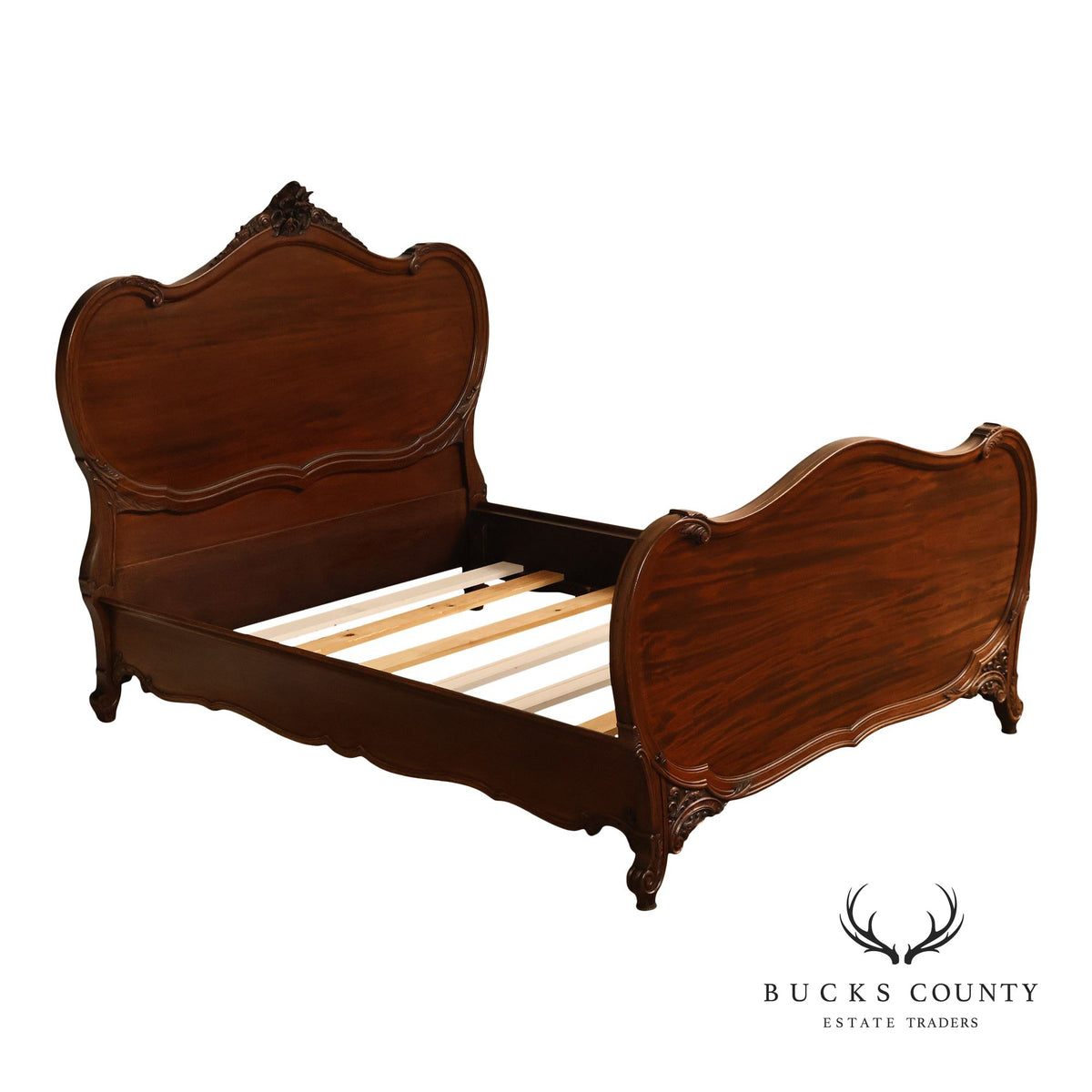 Antique Victorian R.J. Horner Carved Mahogany Full Size Sleigh Bed Frame