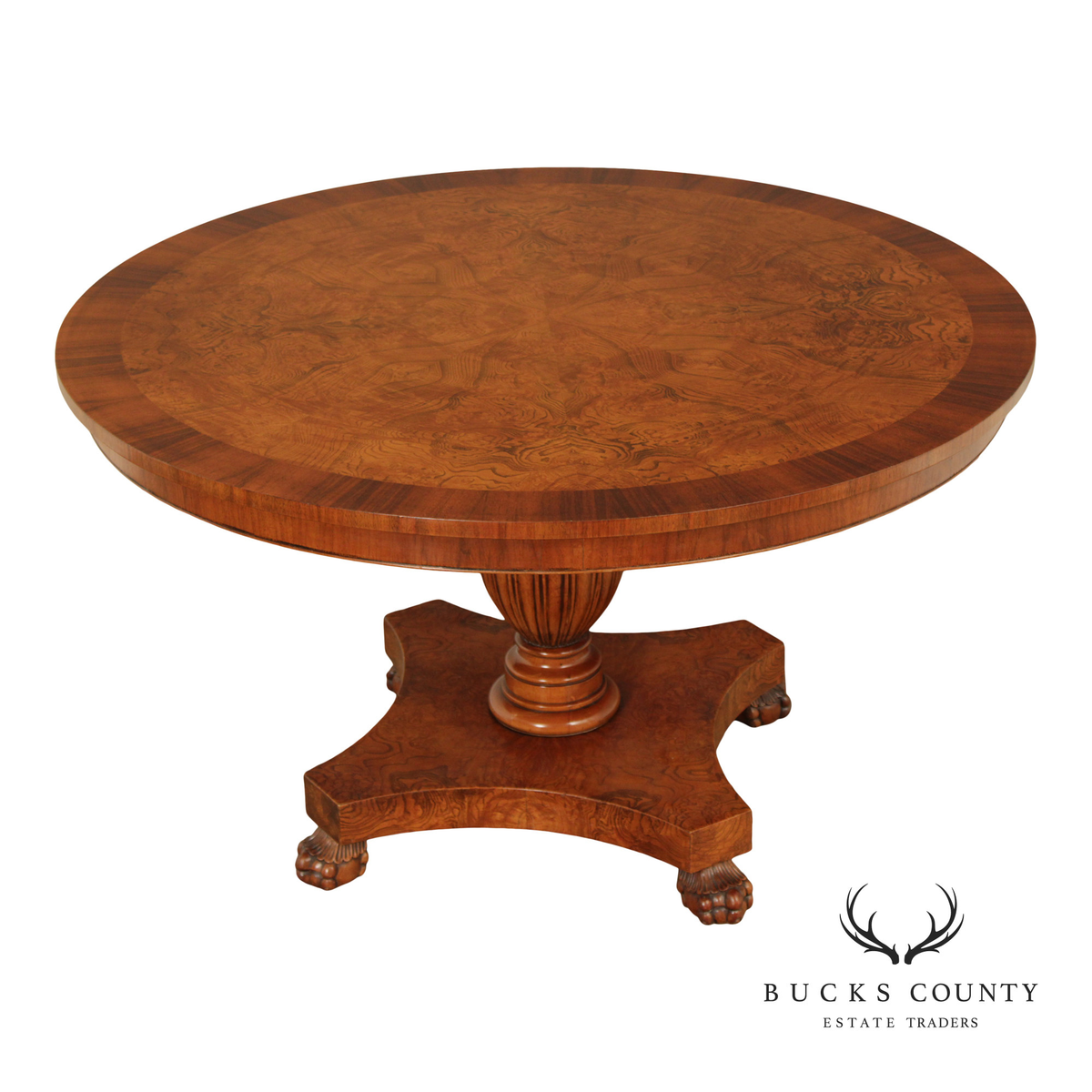 Italian Made Empire Style Round Burlwood Pedestal Center Table