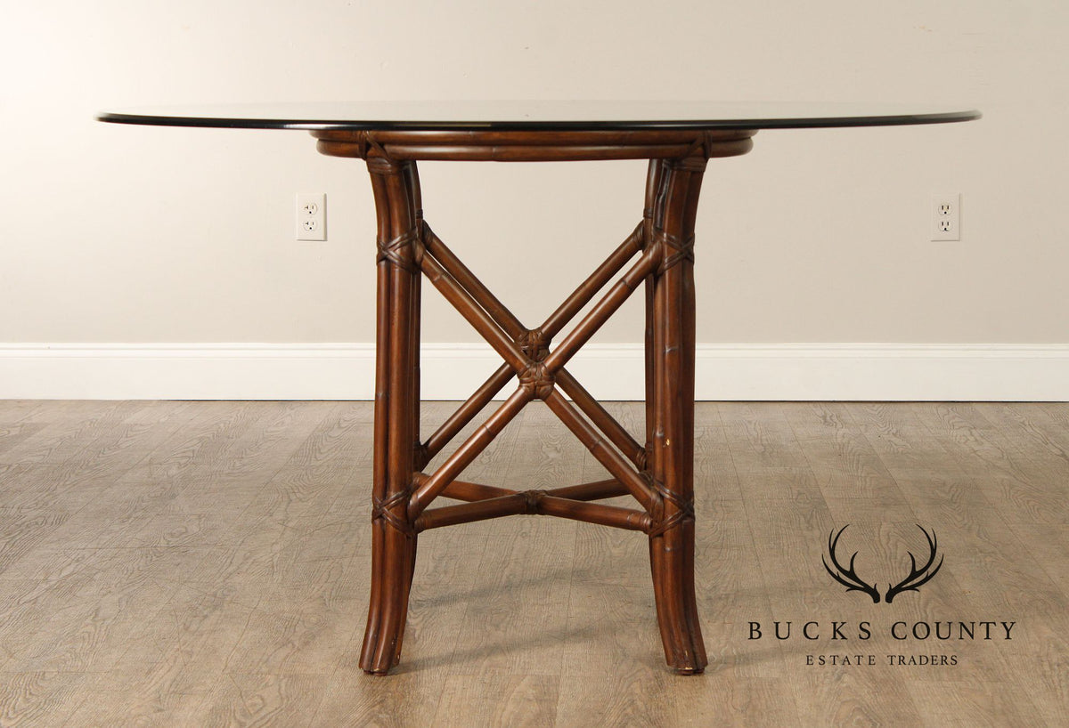 Hollywood Regency Round Glass Top Rattan Dining Table