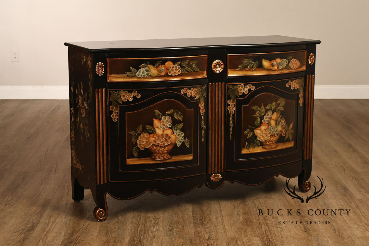 French Provincial Style Black Lacquer Hand-Painted Fruit Basket Sideboard