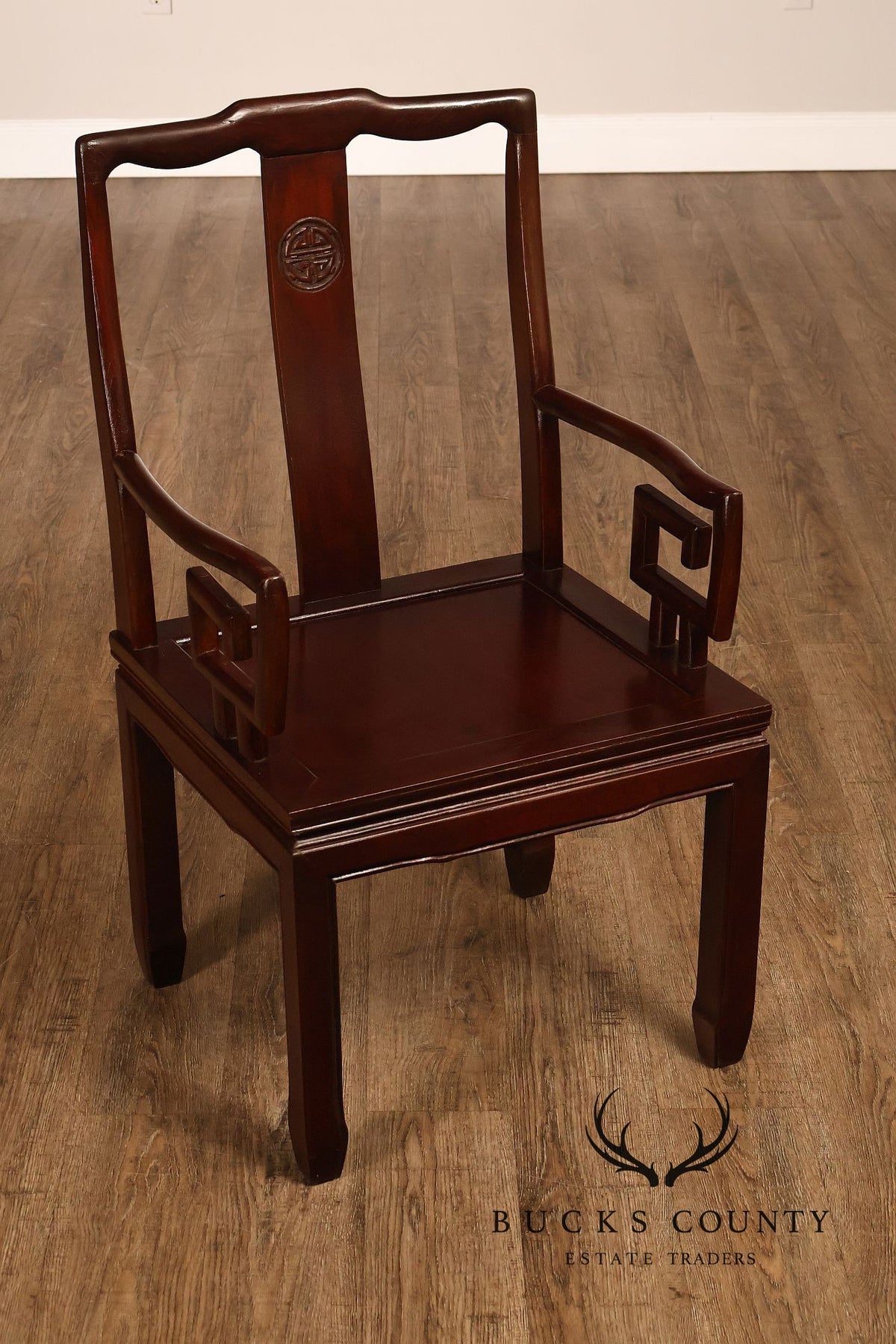Asian Style Set Of Ten Rosewood Dining Chairs With Red Silk Cushions