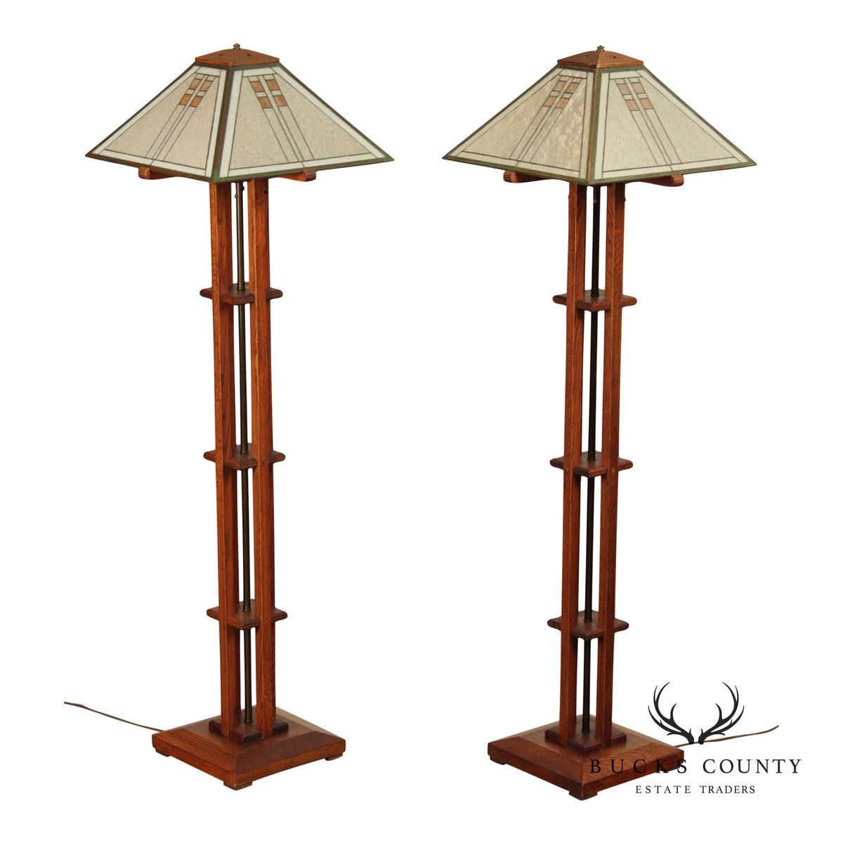 Pair Michael Adams – Aurora Studios Prairie School Oak & Stained Glass Floor Lamps