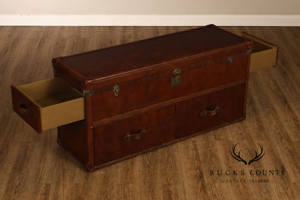 Restoration Hardware Leather Campaign-Style Storage Trunk With Drawers