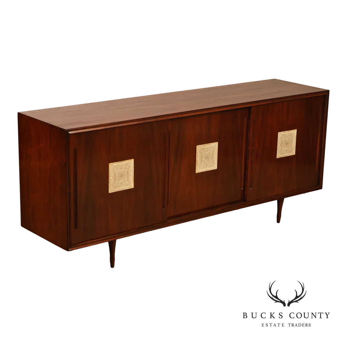 Mid Century Modern Walnut Buffet Sideboard With Decorative Tile Inlays