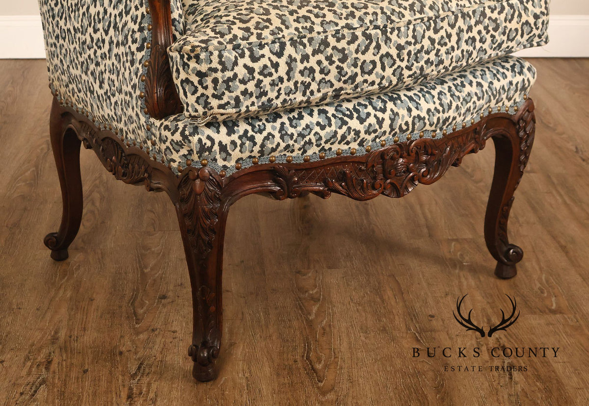 Vintage French Louis XV Style Carved Wood Leopard Upholstered Bergere Armchair