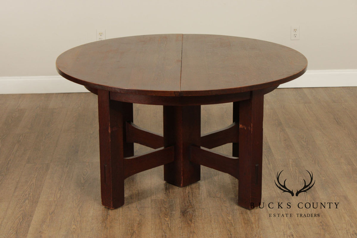 Gustav Stickley Antique Round Mission Oak Expandable Five-Leg Dining Table
