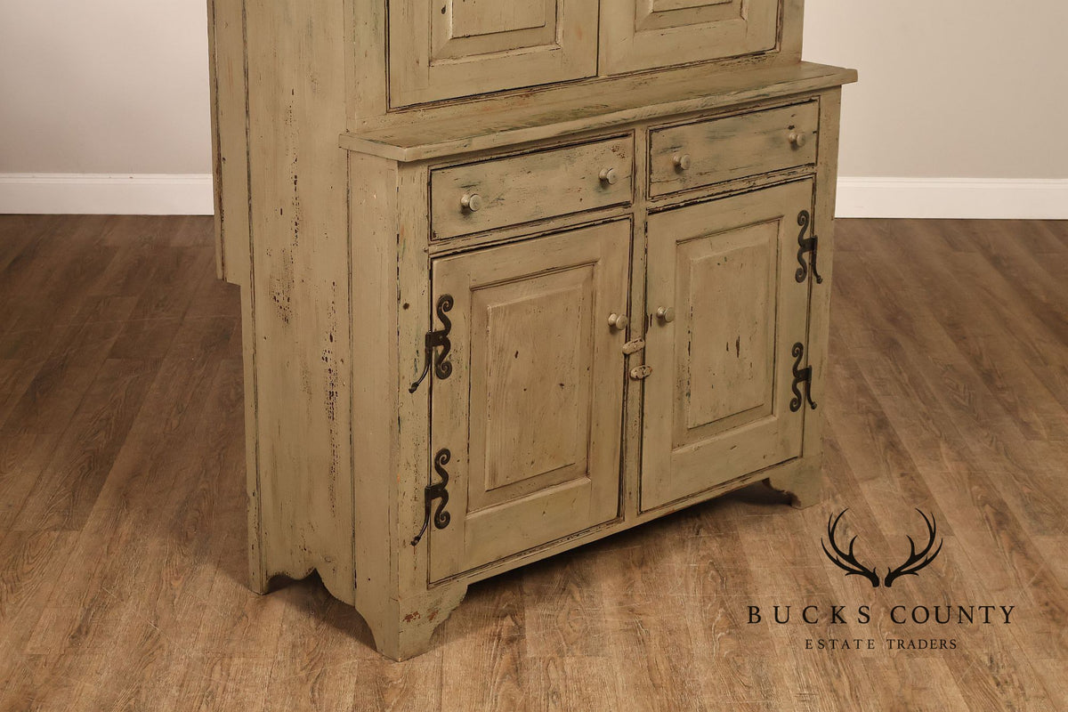 Vintage Distressed Painted Pine Step-Back Cupboard Cabinet