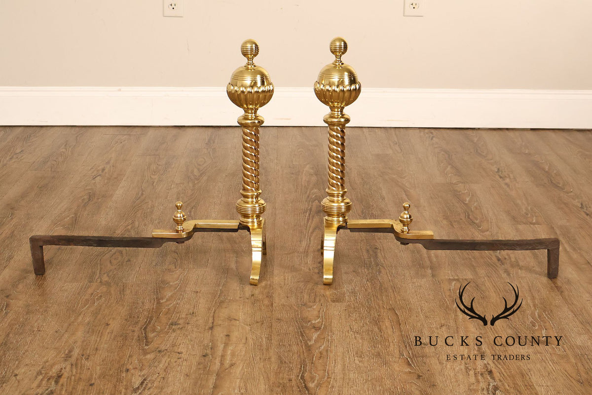 Georgian Style Pair of Polished Brass Fireplace Andirons