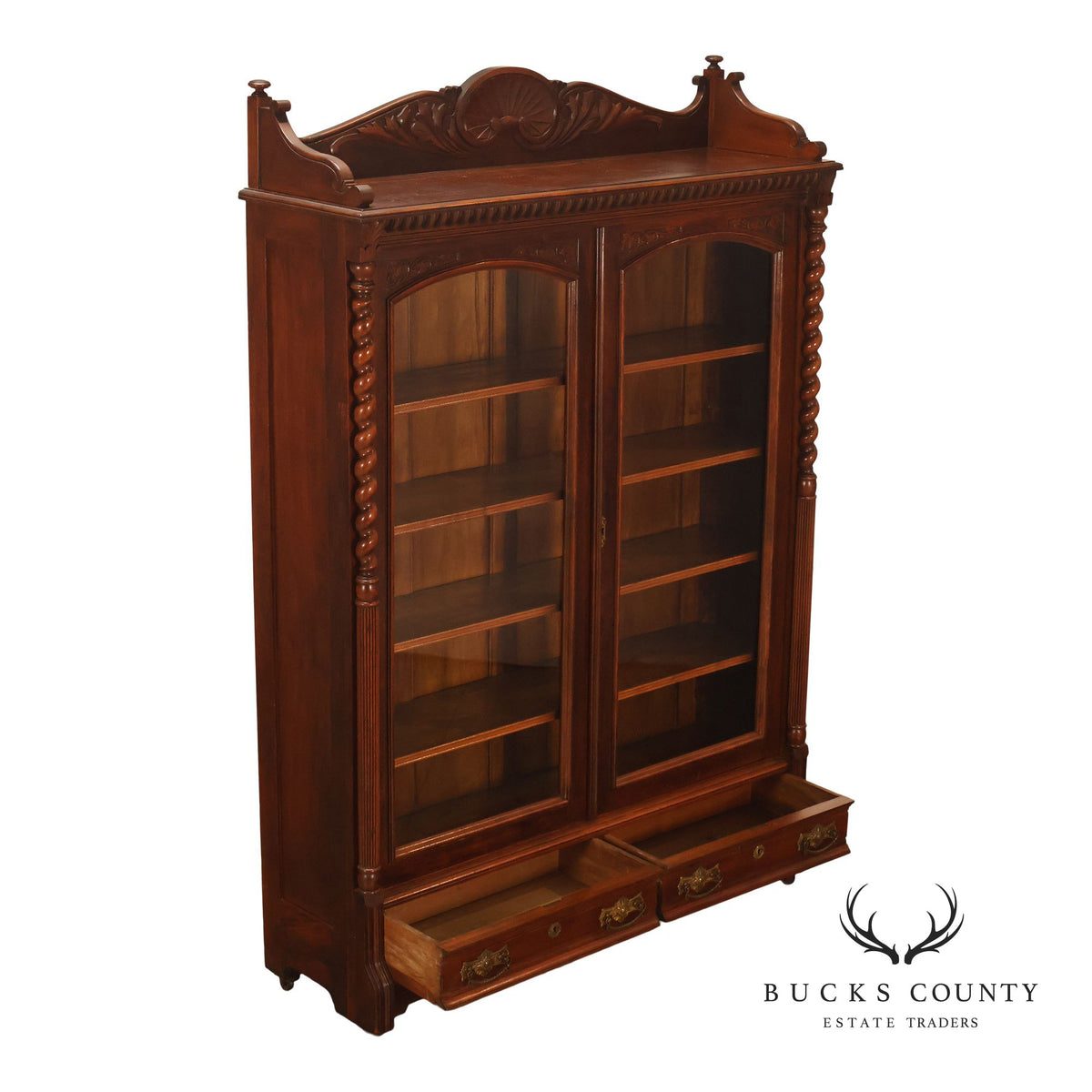 Antique Victorian Carved Walnut and Glass Bookcase