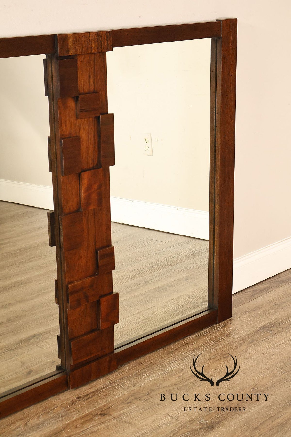 Lane Mid-Century Modern Brutalist Walnut Geometric Wall Mirror