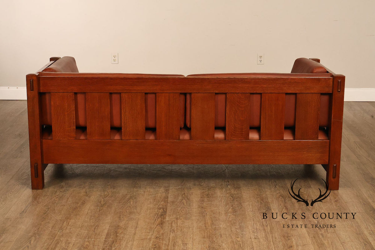 Stickley Mission Collection Oak Settle With Leather Cushions