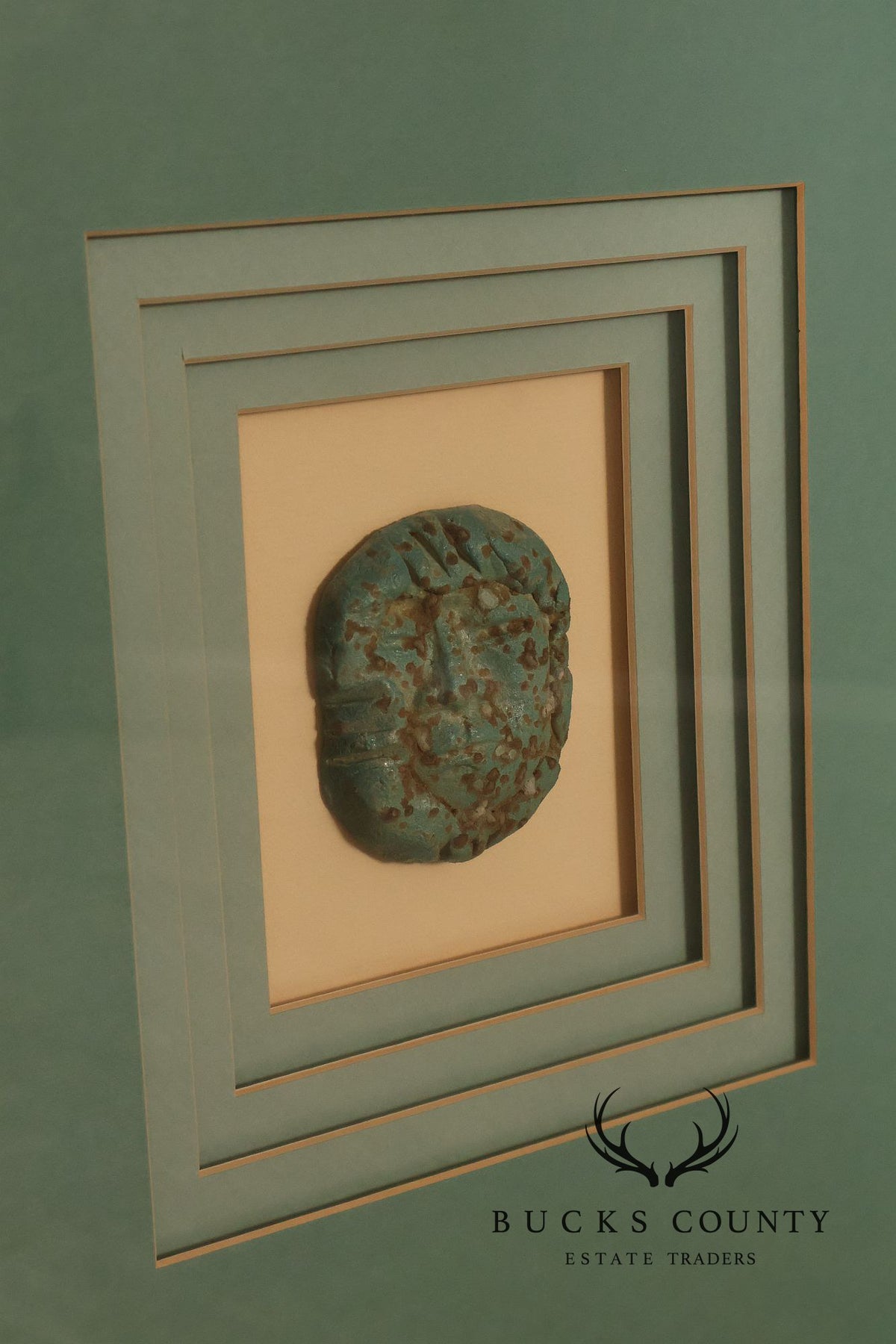 Kinder-Harris Pair Of Framed Turquoise Mask Wall Art, Dated 1987