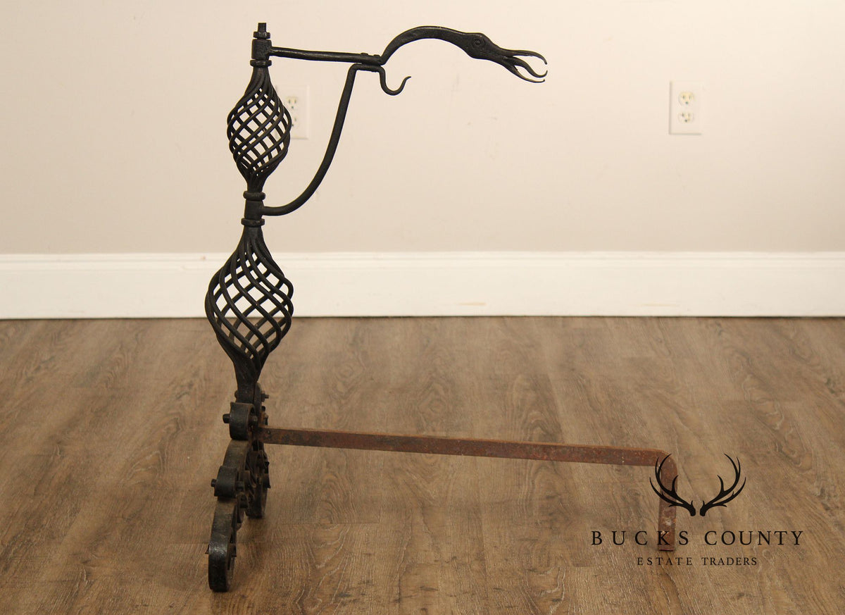 Arts & Crafts Pair of Scrolling Wrought Iron Andirons