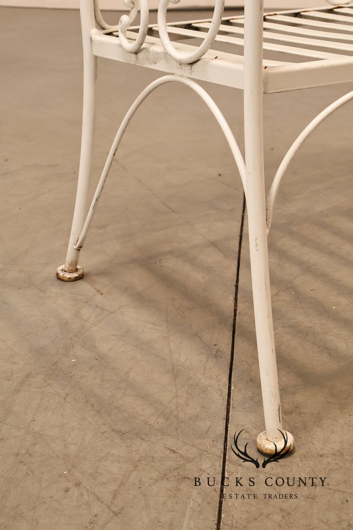 Woodard Vintage White Painted Wrought Iron Garden Bench With Scrollwork Back