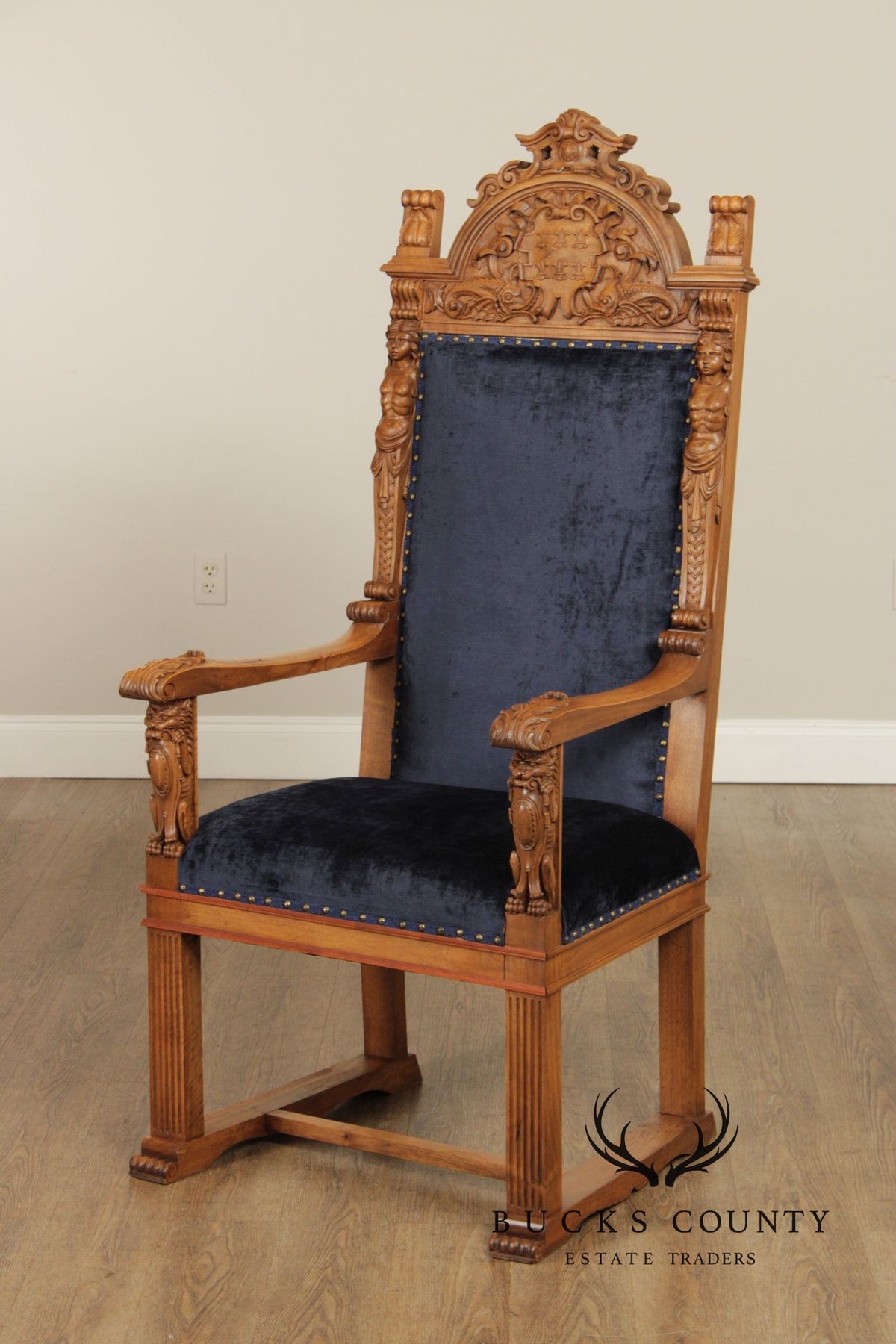 Antique Carved Walnut Renaissance Revival Style Throne Armchair